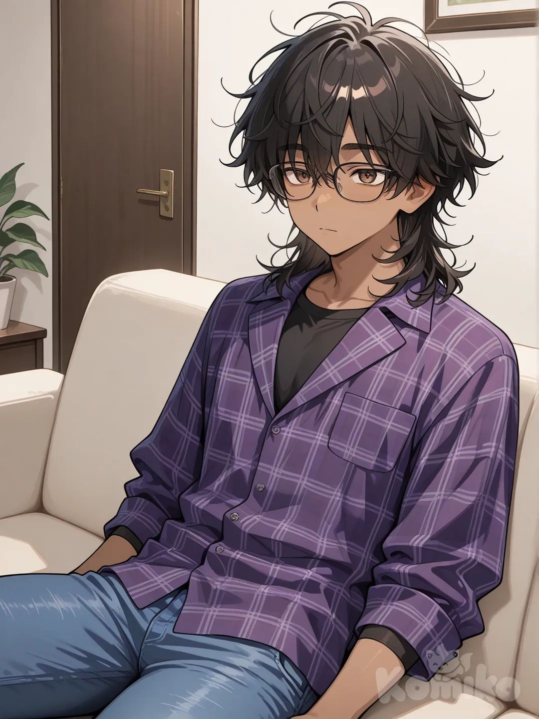 male, messy medium black hair, slightly tan skin, glasses, brown eyes, dark purple plaid shirt, black undershirt, blue jeans, bedroom, sitting on couch