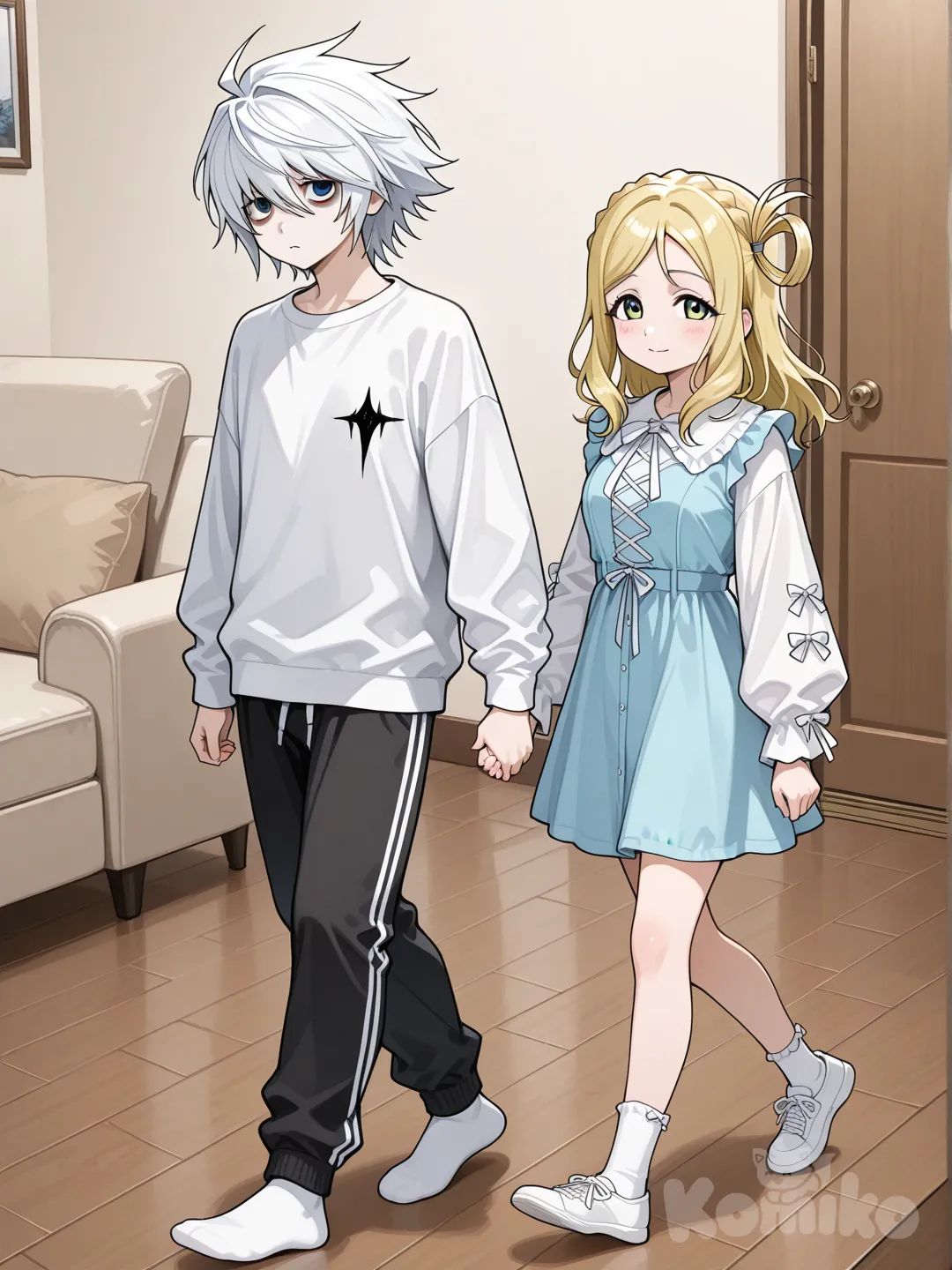 young japanese male, near (death note), white long sleeve t shirt, black sweatpants, white socks, blue eyes, living room, looking at viewer, bags under eyes, white hair, 

2people, ohara mari, walking, holding hands