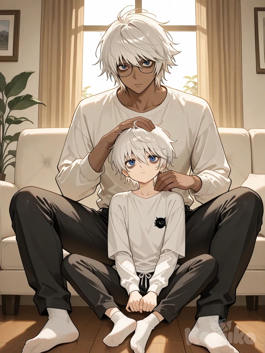young japanese male, near (death note), white long sleeve t shirt, black sweatpants, white socks, blue eyes, living room, looking at viewer, bags under eyes, white hair, 

2people, 2boys, tall male, white hair, dark skin, glasses, blue eyes, headpat