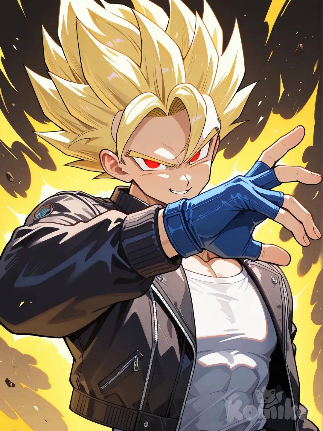 male, short hair, super saiyan, red eyes, smirk, golden aura, black jacket with white undershirt, blue fingerless gloves