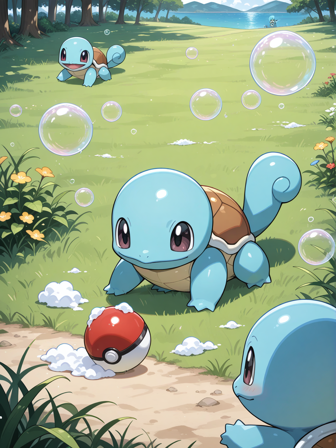 soap bubbles, poke ball, on grass, squirtle