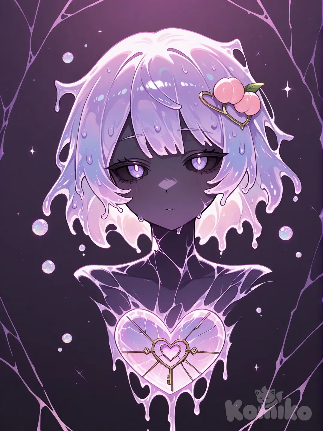 library of ruina, Library of Ruina style, art by Project Moon, UI character portrait, 2D game art. A creature named "Timid Tenderness", a female humanoid figure made of translucent, glowing peach-colored slime. Her sclera are dark peach, with irises in a pink-purple gradient that glow with a soft blacklight/UV light effect. The slime on her head forms hair that melts into a puddle at her feet, where her lower body dissolves. Two strands of slime on her head form a small heart shape. Faint heart-shaped bubbles float inside her form. In the center of her chest, a core heart is visible: a sphere with tiny, warm-glowing cracks, sometimes weakly deforming into a heart shape. The background is a minimalist, dark UI with key pages, emphasizing her soft, bioluminescent glow. Muted background with vibrant peach, pink, and purple accents.