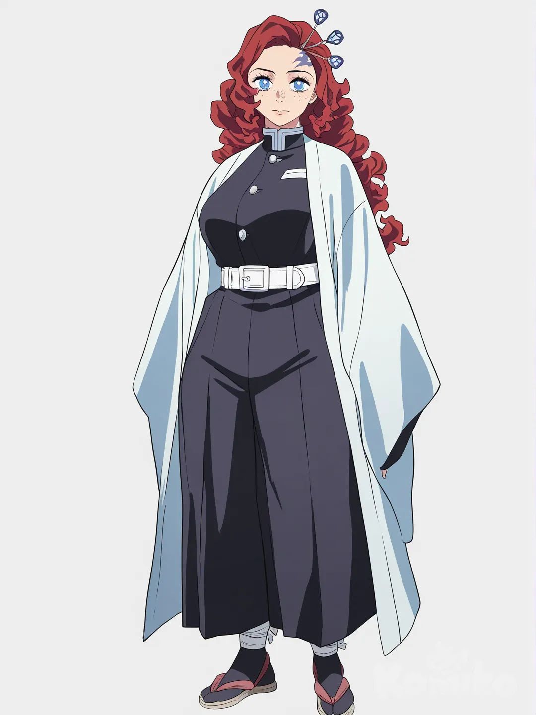 [bright-anime-style] 1girl, mature female, curvy, red_hair, side_part, curly_hair, blue_eyes, freckles, fair_skin, black_jacket, hakama, white_belt, zori, black_tabi, hairpin, demon_slayer_uniform, demon_slayer_style, single_character, full_body, looking_at_viewer, simple_background, white_background
