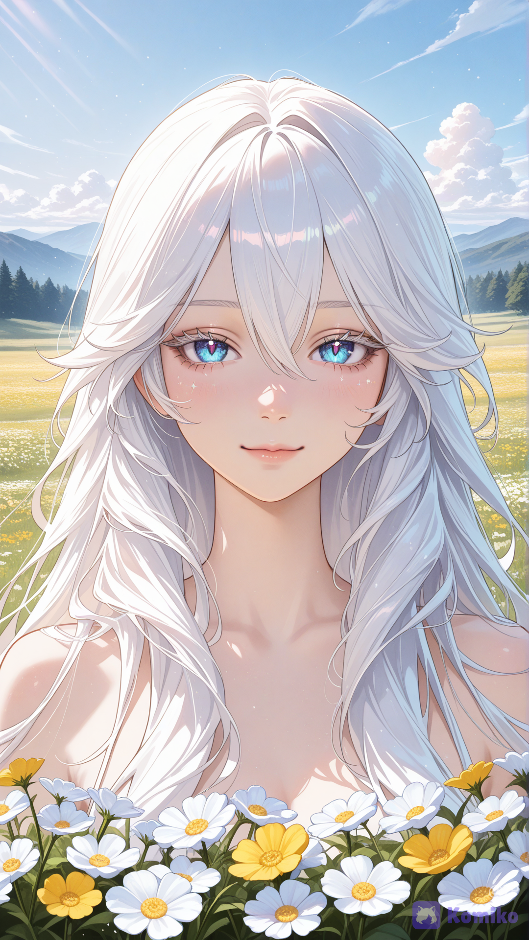 guardian-tales-princess, dreamy spring meadow landscape, endless field of white and yellow cosmos flowers, soft green grass, gentle wind moving flowers, glowing sunlight, warm morning light, pastel color palette, distant blue mountains, hazy atmosphere, cinematic depth, sparkling light particles, bloom effect, watercolor anime background, peaceful countryside scenery, wide open field, soft clouds, bright sky, atmospheric perspective, fantasy nature landscape, highly background, vibrant floral field, serene mood, ethereal lighting, scenic panorama, anime movie style, [chibi-kawaii-style]Ultra realistic photorealistic, cinematic lighting, extremely ultra high resolution, 16K UHD, Full HD quality, hyper skin texture, realistic pores, ultra realistic face, ultra realistic eyes, ultra realistic hair, realistic human body proportions, natural lighting, lifelike shadows, highly facial features, sharp focus, crystal clear image, vivid colors, cinematic atmosphere, realistic depth of field, realistic reflections, realistic textures, professional photography quality, HDR, no blur, extremely sharp details, highly skin, realistic eyelashes, realistic lips, realistic hair strands, natural expression, highly full body portrait, photo-realistic quality, true-to-life appearance, ultra clean image quality, premium visual quality, studio quality rendering. Faithful to the reference face, preserve facial identity, natural anatomy, realistic skin imperfections, ultra eyes and skin, highly realistic human texture, realistic lighting and shadows, cinematic realism, composition, extremely high detail, professional quality.