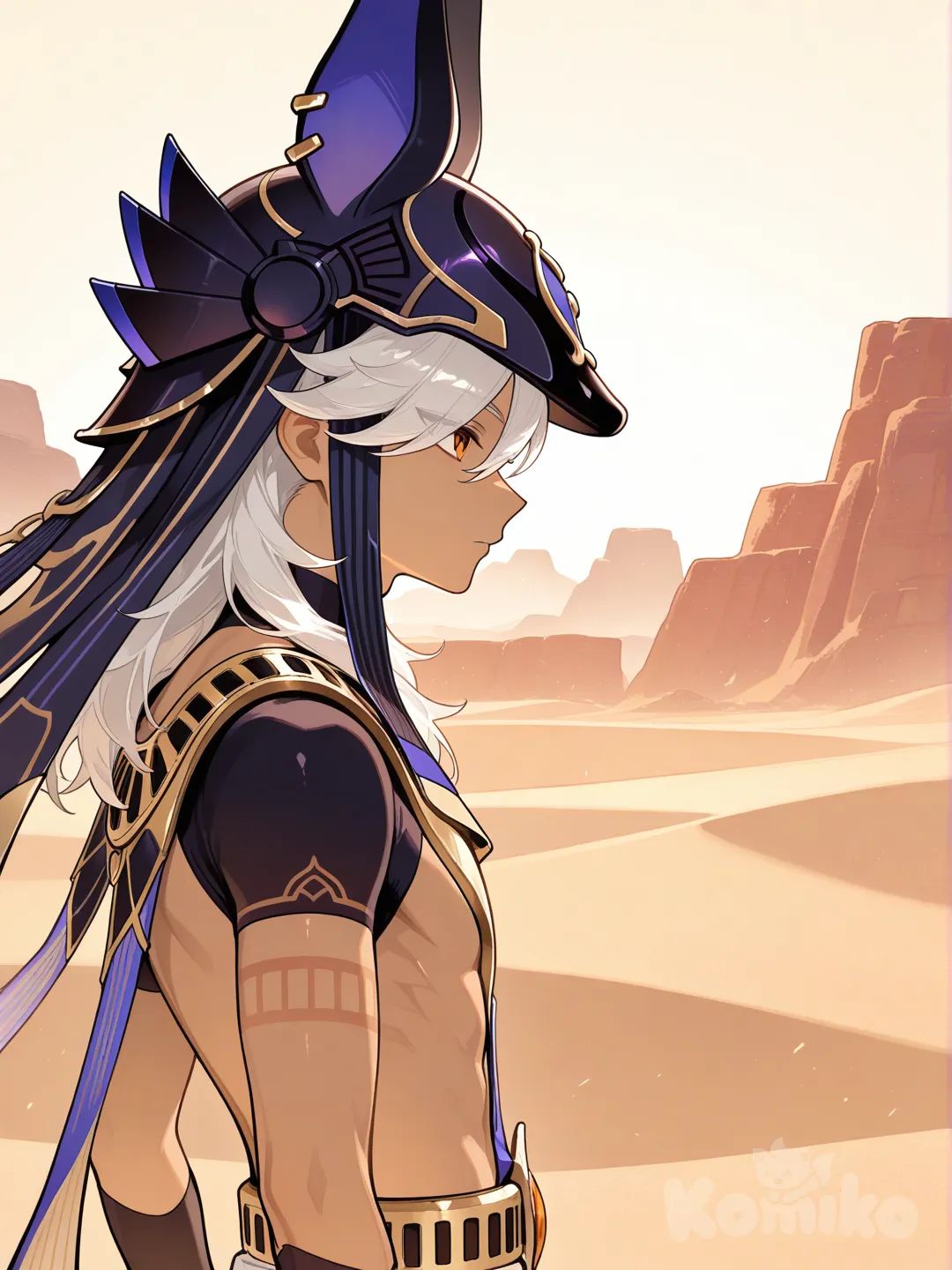 @Cyno_(Genshin_Impact), looking away, side profile photo, desert