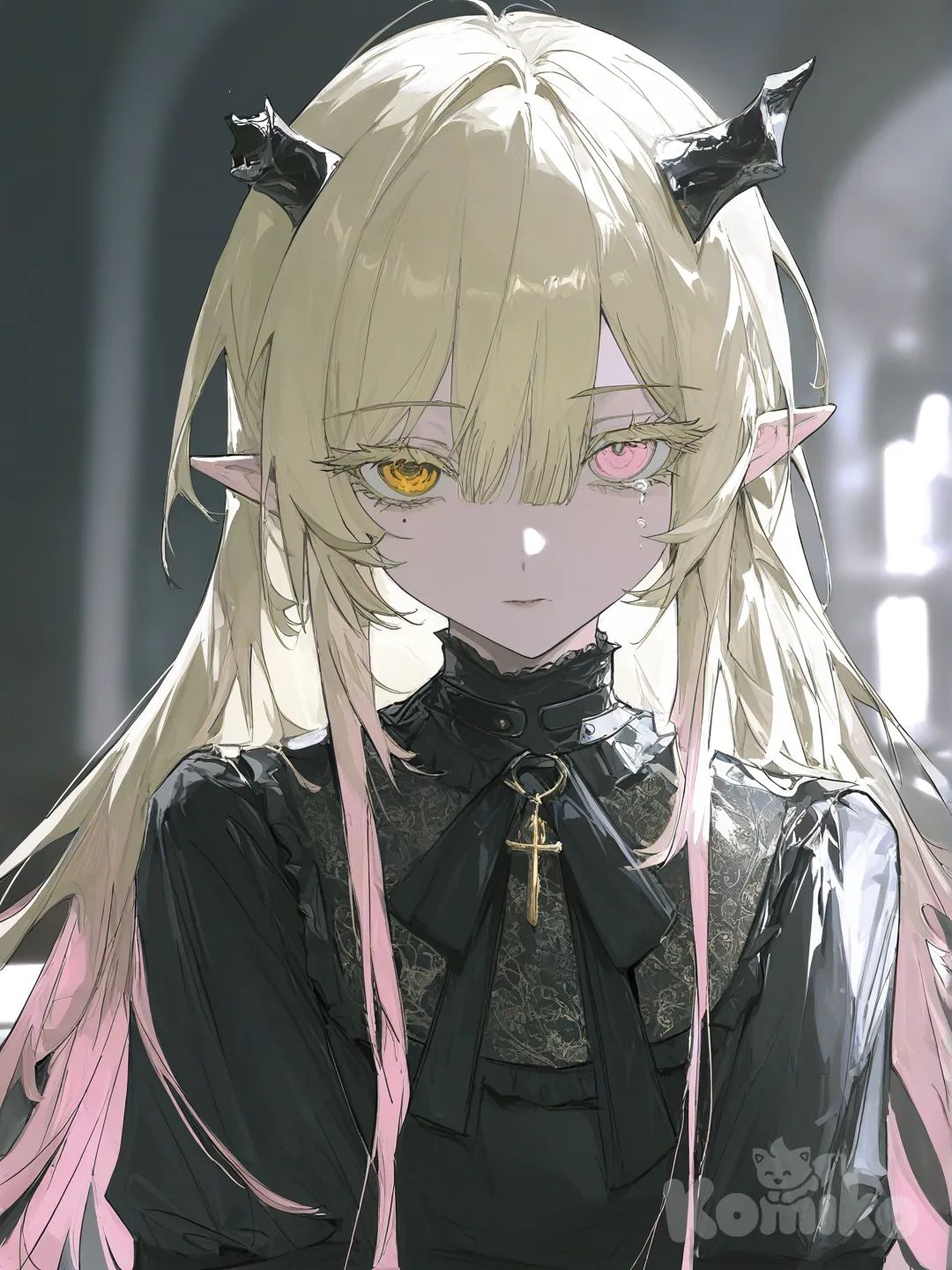1girl, solo, facing_viewer, pale_skin, pink_eyes, gold_eyes, heterochromia, long_eyelashes, colored_eyelashes, mole_under_eye, tears, expressionless, blonde_hair, pink_hair, split-colored_hair, gradient_hair, very_long_hair, asymmetrical_bangs, hair_between_eyes, hair_censor, tied_to_cross, greek_clothing, torn_clothes, pannier, lace_trim, broken_horns, backlighting, symmetrical_composition, upper_body, pointed_ears, gothic_lolita, fallen_angel, dusk, sunlight, dramatic_lighting, blurred_background, depth_of_field, atmospheric, [desaturated-illustration-style]