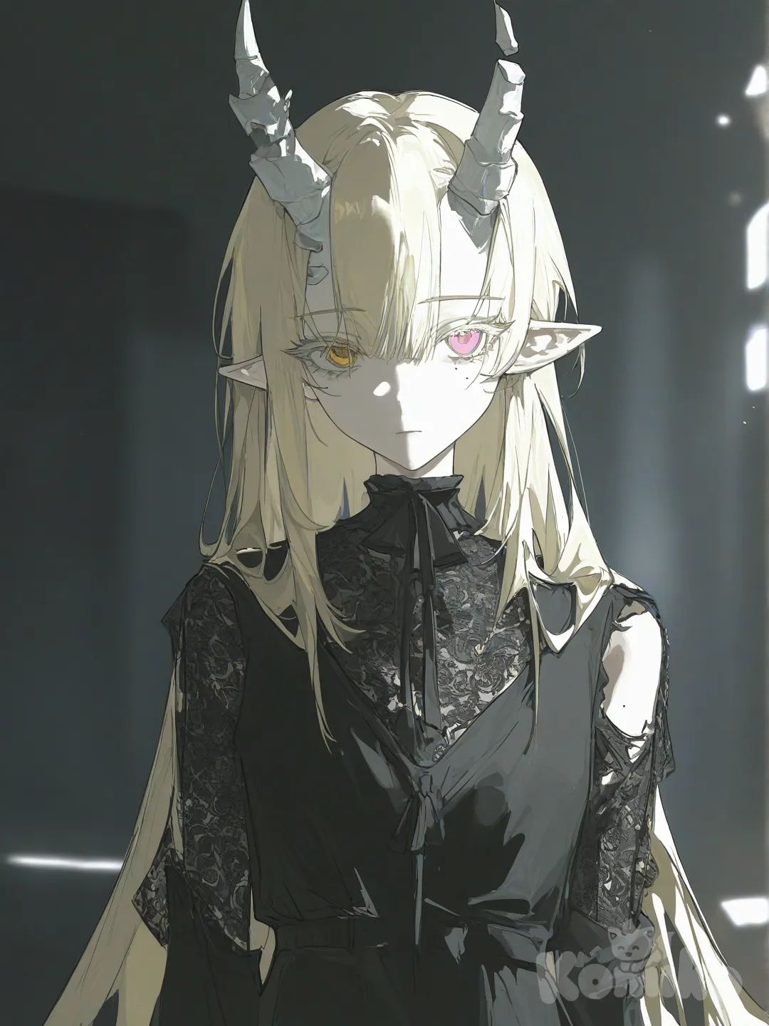 1girl, solo, facing_viewer, pale_skin, pink_eyes, gold_eyes, heterochromia, long_eyelashes, colored_eyelashes, mole_under_eye, tears, expressionless, blonde_hair, pink_hair, split-colored_hair, gradient_hair, very_long_hair, asymmetrical_bangs, hair_between_eyes, hair_censor, tied_to_cross, greek_clothing, torn_clothes, pannier, lace_trim, broken_horns, backlighting, symmetrical_composition, upper_body, pointed_ears, gothic_lolita, fallen_angel, dusk, sunlight, dramatic_lighting, blurred_background, depth_of_field, atmospheric, [desaturated-illustration-style]