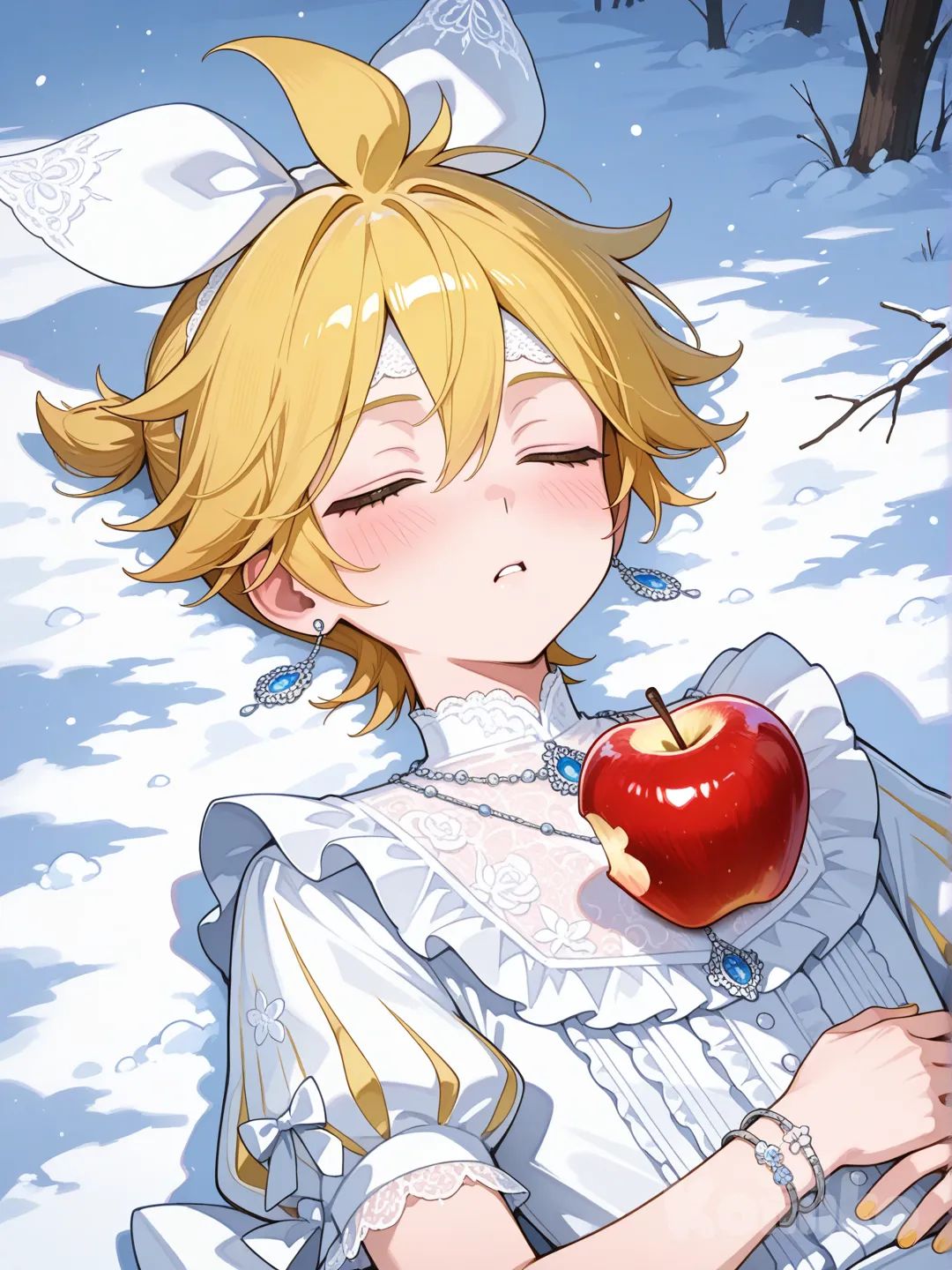 @Kagamine_Len不小心吃下了毒蘋果，如同白雪公主般的昏過去, ruffles, lace, headband, bow, earrings, necklace, bracelet