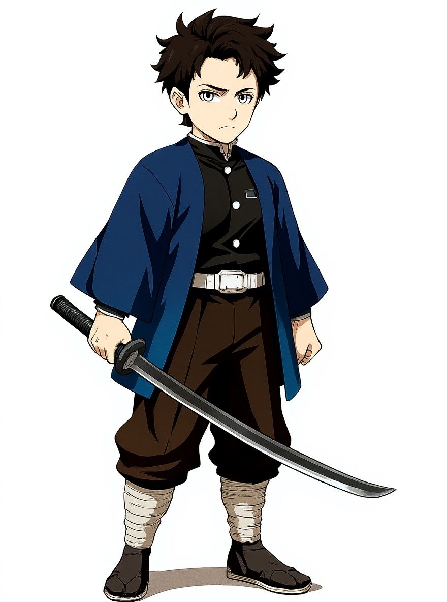 1boy, original character in the world of Demon Slayer, Demon Slayer style, teenager, athletic, black hair, gray eyes, fair skin, Demon Slayer clothes, nichirin of Demon Slayer, single character, full body, looking at viewer, anime style, simple background, white background