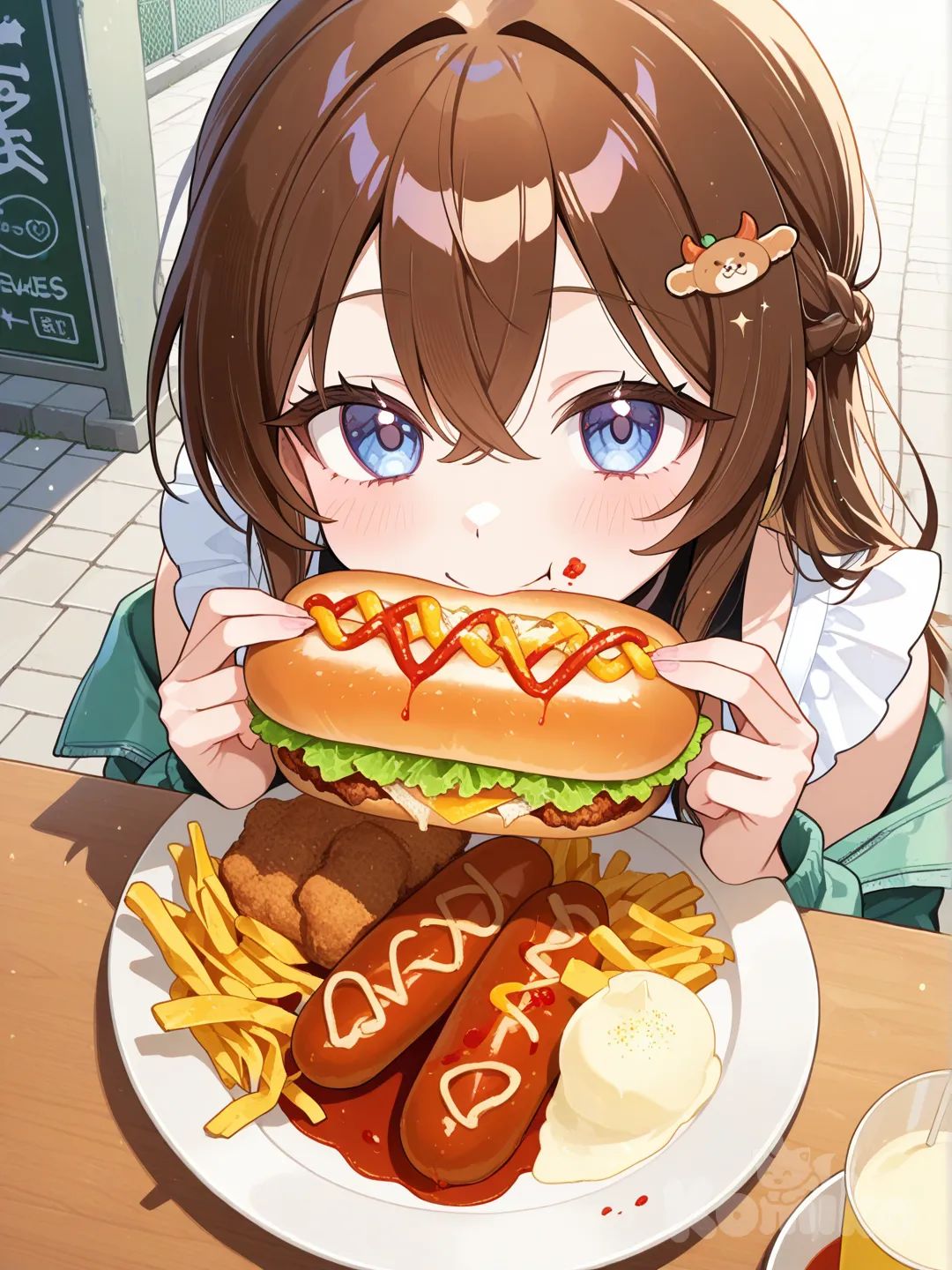 Comiendo salchipapás