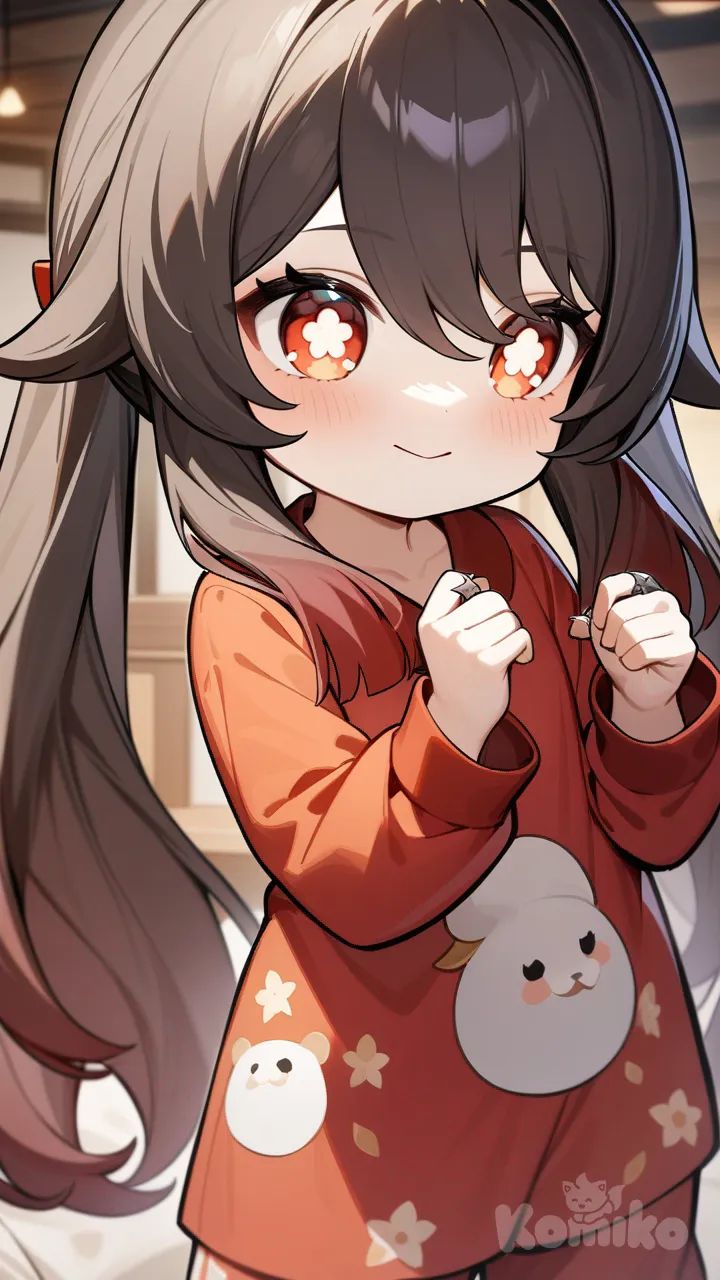 Hu Tao (Genshin Impact), 1girls ,Stand up straight , pajamas , chibi