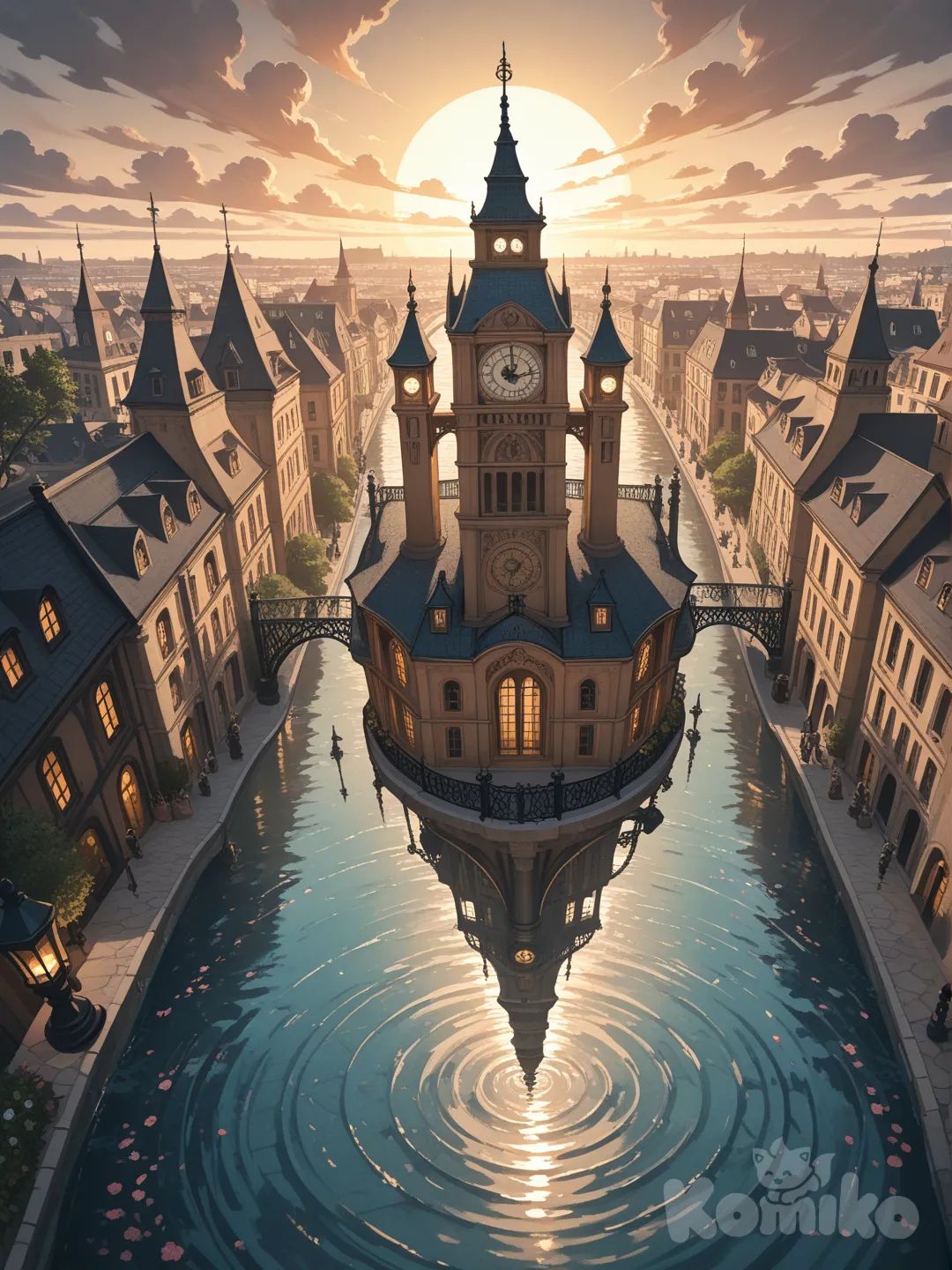 A grand, eagle-eye view of Fontaine city — a sprawling metropolis built atop a vast network of canals, aqueducts, and rivers, blending Baroque and Art Deco architecture with steampunk influences. The city is known for its towering spires and ornate, symmetrical façades, adorned with elegant carvings, water motifs, and intricate tilework.

Buildings:

Tall, multi-layered buildings, with arched windows, balconies with wrought-iron railings, and ornate cornices along the roofs. Each structure has stone carvings of aquatic symbols (fish, waves, water droplets).

Clock towers rise above, featuring large clock faces, with spires reaching toward the sky.

Columns and arches line the streets, with finely decorative reliefs on the upper floors and balustrades on the rooftops.

Bridges:

Multiple arched bridges cross through the canals, their stone and ironwork with floral and mechanical engravings.

Aqueducts with flowing water crisscross above and below the city, directing water into large public fountains and basins scattered through the plazas.

Waterways:

Wide, glassy canals winding through the city, reflecting the towering buildings.

Boats and aquabuses drift along the waterways, with ornate poles to moor vessels. Gentle ripples from the boats cast reflections against the city’s facades.

Street Details:

Cobblestone streets, with highly tiles: intricate patterns featuring floral motifs, geometric shapes, and splashing water symbols along the walkways.

Street lamps cast a soft, warm light, with gas-lit or magical flame bulbs atop bronze poles.

Public Squares and Gardens:

Public squares feature large, tiered fountains, with sculptures of noble figures and water spirits. The water flows down in a cascade, surrounded by lush topiary gardens with elegantly trimmed hedges and ornamental trees that sway in the breeze.

Statues of water deities and heroes of Fontaine’s past stand on pedestals, adding to the grandeur of the city.

Sky and Atmosphere:

The city should be set in the late afternoon or early evening with soft, warm light from a low sun casting long shadows across the buildings and canals.

The sky is filled with dramatic clouds — stormy at the horizon but with rays of light breaking through, giving the scene an air of tension and drama.

Additional Details:

Include steampunk elements: gears, piping systems, and water-powered machinery visible in the background, giving the city a sense of technology fused with nature.

The city should feel alive and bustling, with people walking along the streets, perhaps noble figures in flowing robes or mechanics and engineers in work attire, mingling in the plazas.

The entire scene should feel alive, opulent, and full of intricate detail, yet still tranquil, with a strong emphasis on the city’s connection to water, innovation, and elegance.