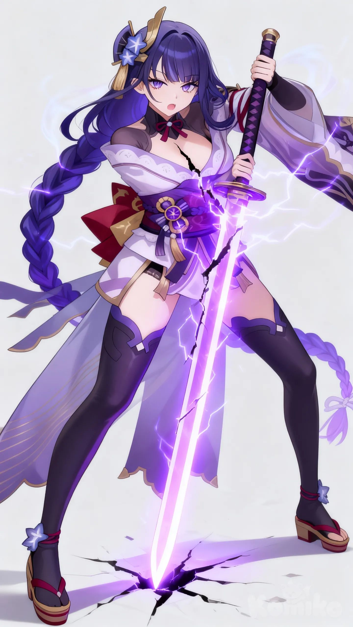@Raiden_Shogun dramatically pulling a radiant purple glowing sword from a jagged crack that splits open across her chest, photo (medium), [realistic-style]