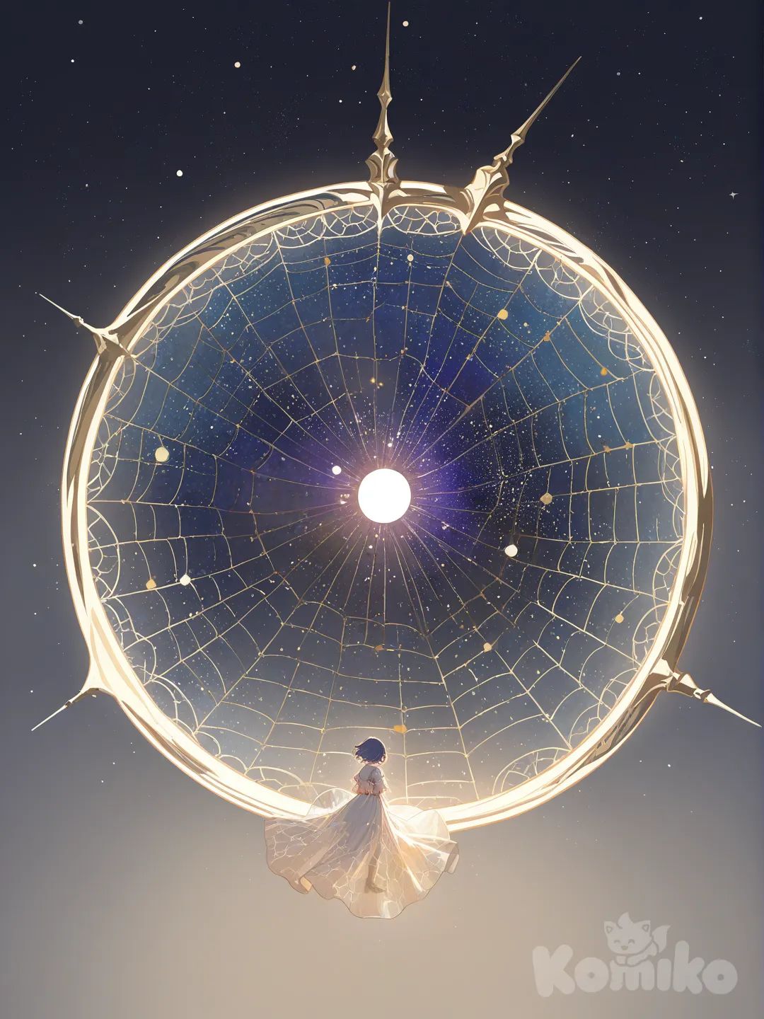 A luminous transparent spider floats gracefully in the vastness of space, weaving its delicate web across a canvas of stars. Each thread of silk glows like silver light, connecting constellations together as if stitching the universe itself. The cosmic web sparkles with captured starlight, reflecting galaxies, nebulas, and distant planets. The spider appears ethereal, almost made of light, standing out against the deep infinite void of space. It is both delicate and powerful — a cosmic weaver, shaping the night sky into patterns of beauty and mystery. [retro anime style]