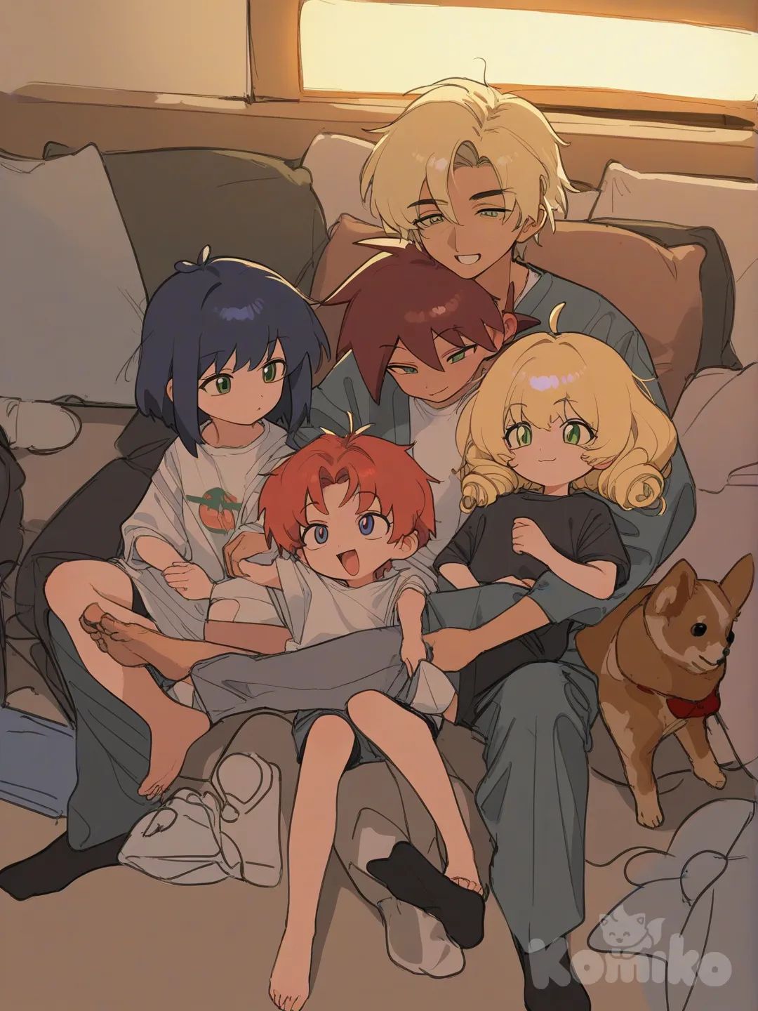 A cozy retro 90s anime scene inside a warm family living room. A woman with curly hair, big green eyes, and a sweet gentle smile is sitting on the floor, wearing a Pokémon anime T-shirt. Beside her is her husband, also relaxed and enjoying the moment. Their children are sitting close, smiling and watching TV together. Next to them, a small Chihuahua dog sits happily with the family. On the television, the anime Spy x Family is playing, drawn in an old-school anime aesthetic. The whole scene has a nostalgic retro anime vibe, with soft colors, VHS-like atmosphere, glowing warm light, and expressive character designs typical of 90s anime.[retro style]