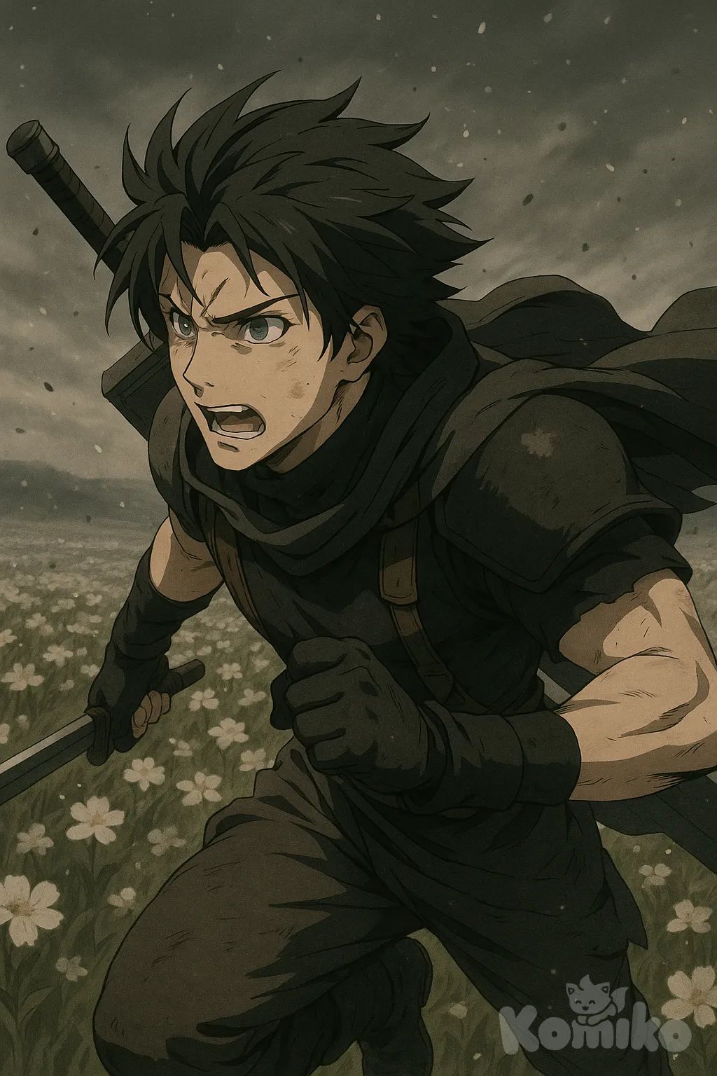 "Cinematic anime-style inspired by Final Fantasy. A young man with a sword runs desperately through a vast field of flowers. The sky is gray, and ashes fall slowly from above, drifting like snow. The camera stays close on his face, showing his anguished expression, eyes filled with determination and sorrow. His hair and clothes move with the wind as he pushes forward, the atmosphere heavy and dramatic