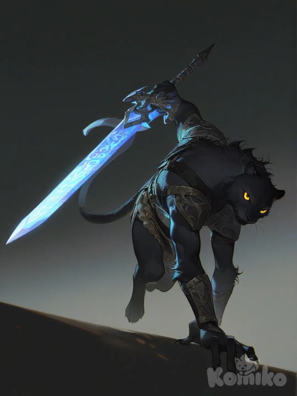 A fierce black panther warrior stands poised in an attack stance, his muscular body covered in sleek, midnight fur that shimmers under dim light. He wears ancient tribal armor made of bronze and leather, decorated with mystic symbols glowing faintly blue. In one hand, he grips a curved sword with a silver blade and glowing runes along its edge; his other clawed hand is ready to strike. His eyes burn with golden intensity, and a faint mist swirls around his feet as he prepares to leap. The scene captures a blend of raw animal power and noble warrior spirit, perfect for fantasy or action settings., [high-contrast-glossy-style]