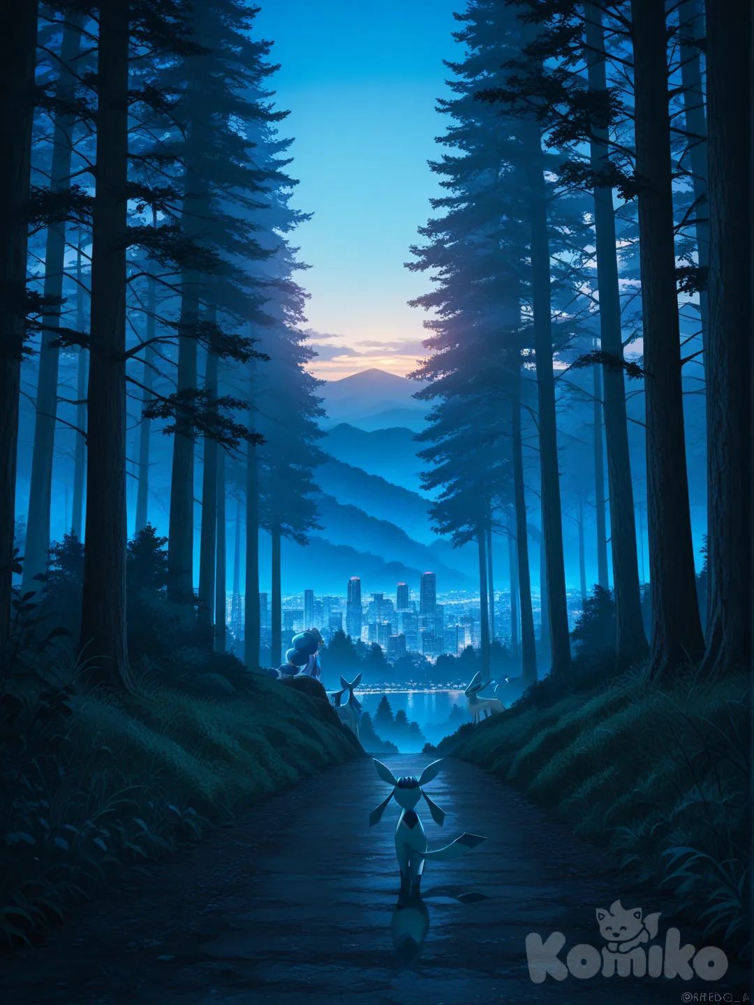 @Glaceon, @Primarina, @Sonia_(Pokemon), @Suicune, expressionless, ambient light, cinematic lighting, blue sky, forest, cityscape