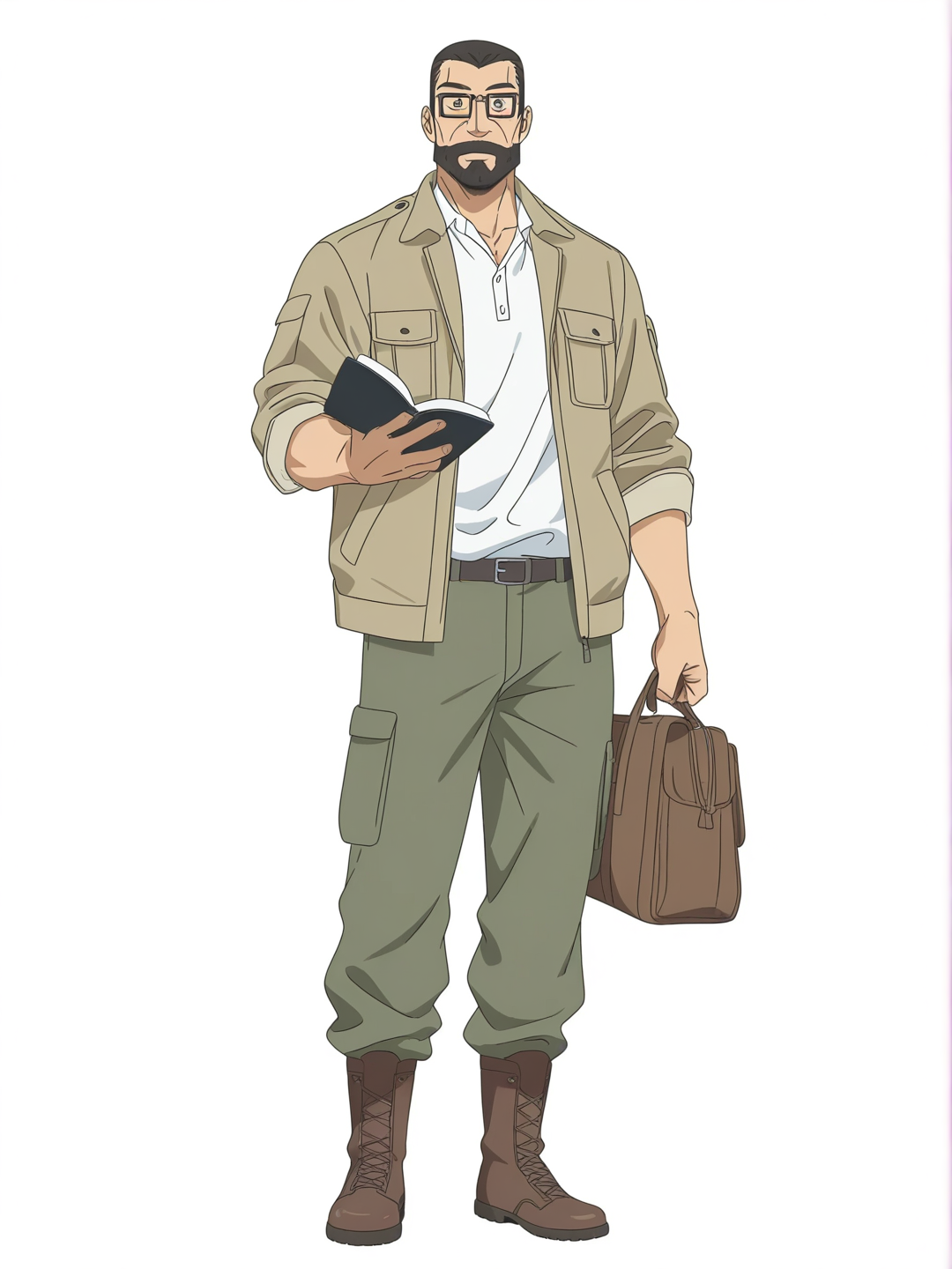 [bright-anime-style] 1boy, mature male, salt-and-pepper hair, beard, glasses, rectangular glasses, khaki jacket, button-up shirt, cargo pants, boots, holding notebook, holding tools, leather bag, single character, full body, looking at viewer, anime style, simple background, white background