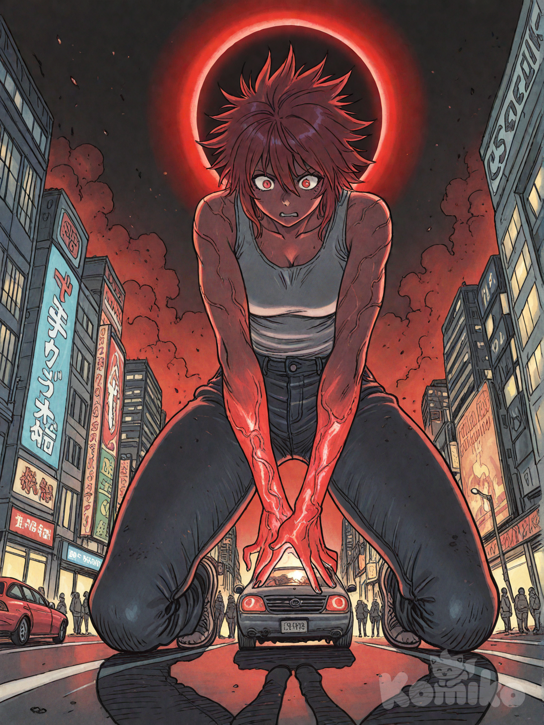 A modern city bathed in the ominous red glow of the crimson solar eclipse. Skyscrapers reflect the blood-colored light in their glass windows, turning the entire skyline into a distorted mirror of the burning sky. The streets are crowded — cars stopped mid-traffic, digital billboards flickering erratically under the strange atmospheric interference. The eclipse looms enormous above the city, its red corona pulsing faintly like a living heart. The sky is darker now, almost black around the edges, with red light cascading downward between the buildings like an apocalyptic sunset frozen in time. Civilians are scattered across the streets and sidewalks. Some clutch their heads in visible pain, others drop to their knees. A few collapse onto the pavement, their shadows stretched unnaturally long beneath them. Faces show confusion, fear, and shock. Subtle crimson energy veins faintly flicker beneath the skin of some individuals, barely visible through the red lighting. Dust particles and loose papers swirl slowly in the heavy air. The entire scene has dramatic anime lighting, sharp highlights, deep shadows, cinematic perspective from a slightly low angle, ultra-detailed environment, intense red color grading, and a tense apocalyptic atmosphere., [refined-fantasy-style]