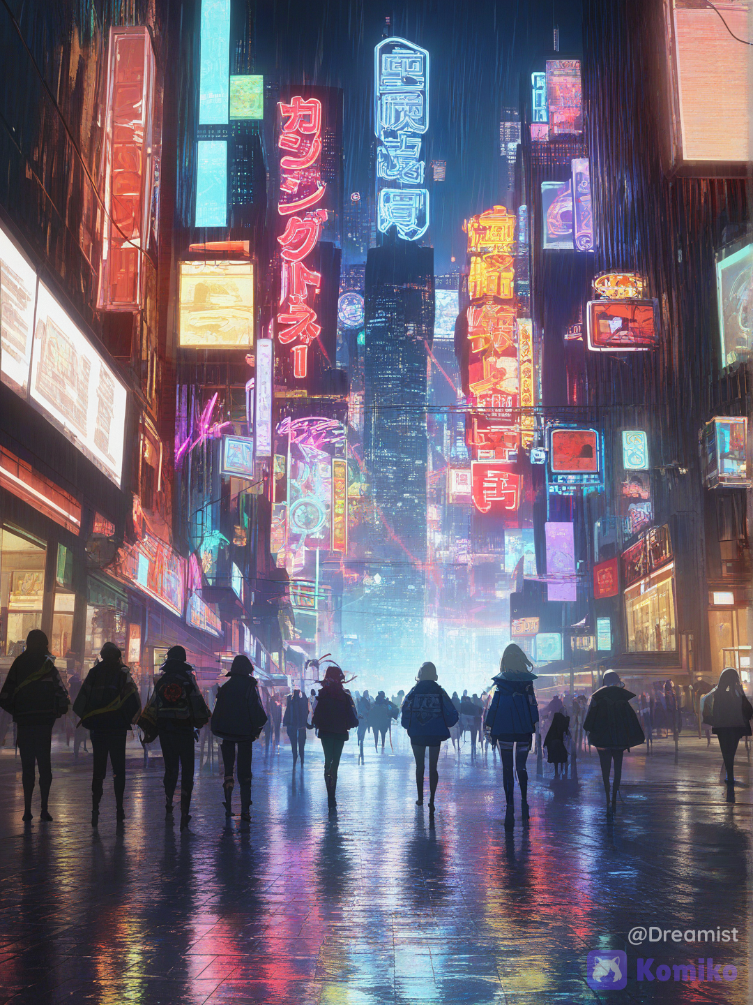 cyberpunk city, night, retro anime style, 80s cyberpunk anime, akira inspired atmosphere, towering skyscrapers, neon signs, holographic advertisements, dense metropolis, rain soaked streets, glowing reflections, wet pavement, colorful neon lights, electric blue lighting, magenta lighting, red lighting, purple lighting, hover vehicles, crowds of people, futuristic fashion, gigantic digital billboards, elevated trains, steam, glowing cables, narrow alleyways, ramen shops, vending machines, hidden arcades, distant skyline, industrial structures, hazy night sky, flying drones, giant antennas, cinematic composition, dramatic perspective, strong light dark contrast, soft cel shading, vhs texture, cinematic lighting, rain reflections, detailed futuristic cityscape, nostalgic sci-fi mood, highly detailed environment, immersive atmosphere, vibrant neon glow, rainy night streets, bustling city life, overhead wires, blinking lights, atmospheric fog [faded-canvas-style]