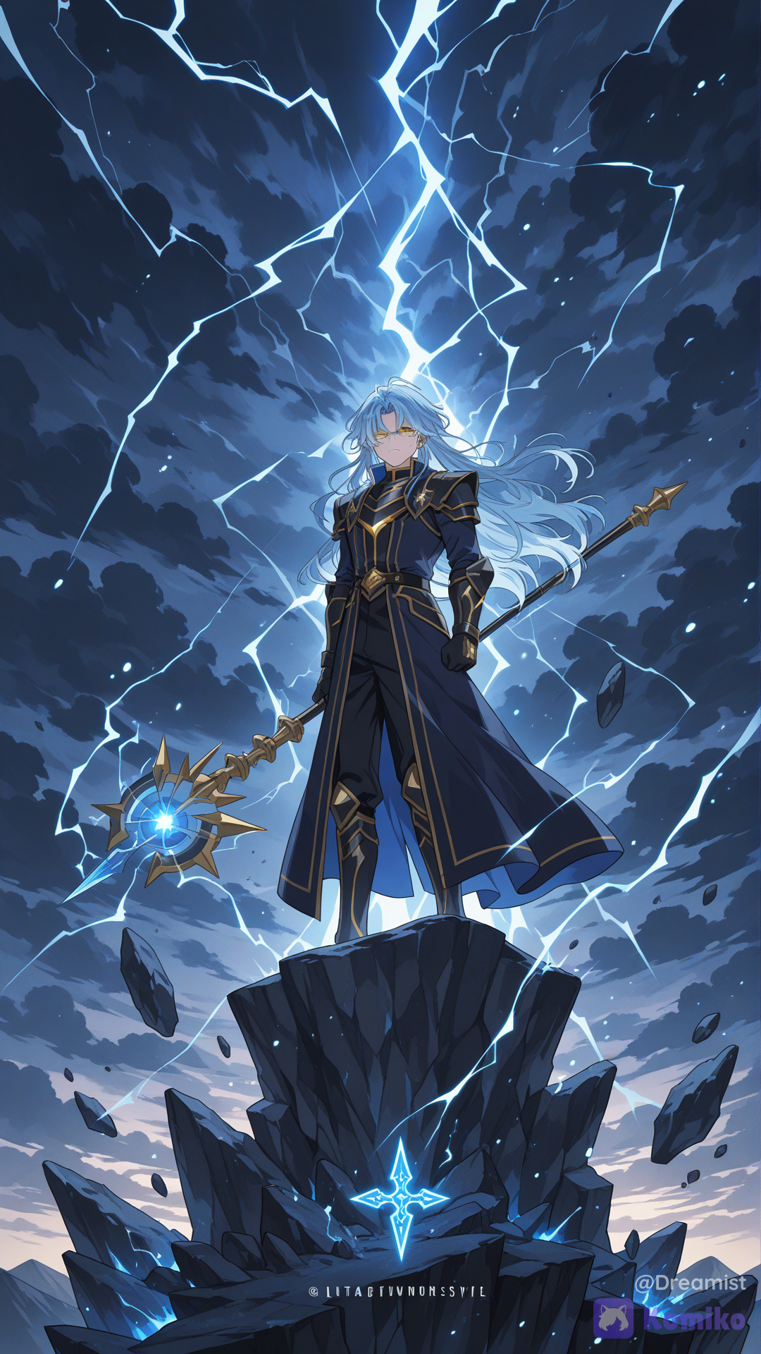 A powerful lightning mage stands atop a shattered cliff during a violent storm, his silver-blue hair whipping through the wind as glowing electric energy surges around his body. His piercing golden eyes shine intensely beneath dark clouds illuminated by constant flashes of lightning. He wears a long black and deep-blue magical coat covered in glowing runes, layered with elegant armor pieces forged from enchanted metal. In one hand, he holds a crackling staff infused with pure thunder energy, while arcs of electricity dance across the ground beneath his feet. The sky above twists with colossal storm clouds, creating an apocalyptic atmosphere as bolts of lightning strike the mountains around him. His expression is calm yet overwhelming, carrying the presence of someone capable of controlling nature itself. Floating rocks rise into the air from the sheer force of his magic, and glowing particles swirl violently through the storm. Epic cinematic anime style, ultra detailed, dramatic storm lighting, powerful energy effects, dynamic camera angle, intense atmosphere, fantasy anime aesthetic, highly detailed environment, godlike magical presence, emotional and cinematic composition., [cyber-candy-style]