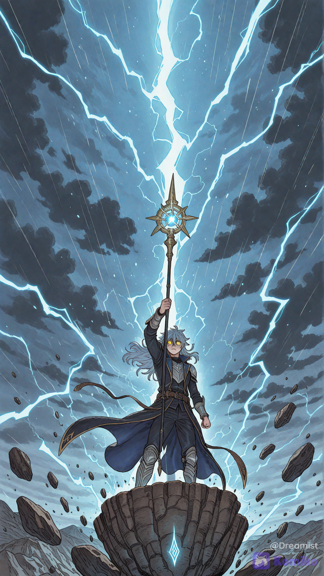A powerful lightning mage stands atop a shattered cliff during a violent storm, his silver-blue hair whipping through the wind as glowing electric energy surges around his body. His piercing golden eyes shine intensely beneath dark clouds illuminated by constant flashes of lightning. He wears a long black and deep-blue magical coat covered in glowing runes, layered with elegant armor pieces forged from enchanted metal. In one hand, he holds a crackling staff infused with pure thunder energy, while arcs of electricity dance across the ground beneath his feet. The sky above twists with colossal storm clouds, creating an apocalyptic atmosphere as bolts of lightning strike the mountains around him. His expression is calm yet overwhelming, carrying the presence of someone capable of controlling nature itself. Floating rocks rise into the air from the sheer force of his magic, and glowing particles swirl violently through the storm. Epic cinematic anime style, ultra dramatic storm lighting, powerful energy effects, dynamic camera angle, intense atmosphere, fantasy anime aesthetic, highly environment, godlike magical presence, emotional and cinematic composition., [refined-fantasy-style]
