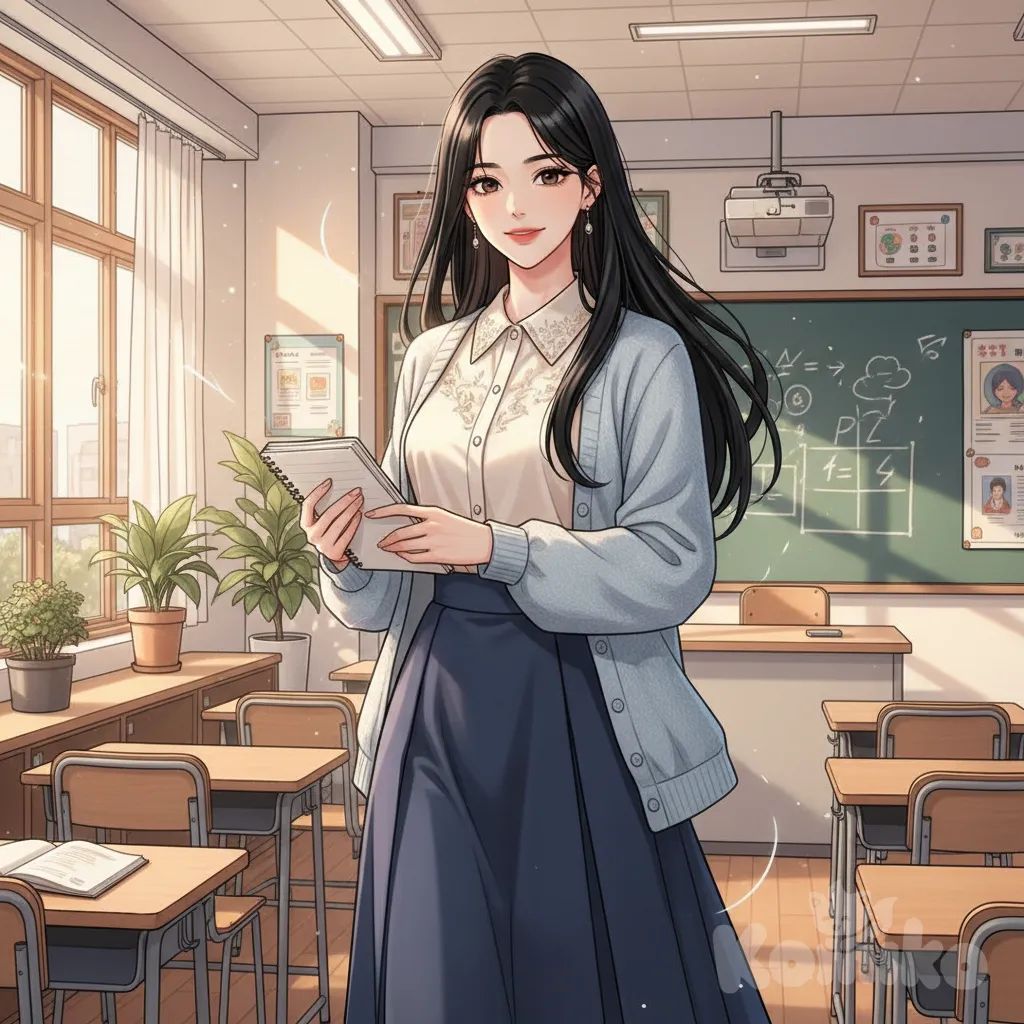 Stylish young teacher in Manhwa style, calm confident gaze, long silky black hair, wearing a modern blouse with skirt and cardigan, holding a notebook, standing gracefully in a bright classroom, inspiring and charismatic aura.