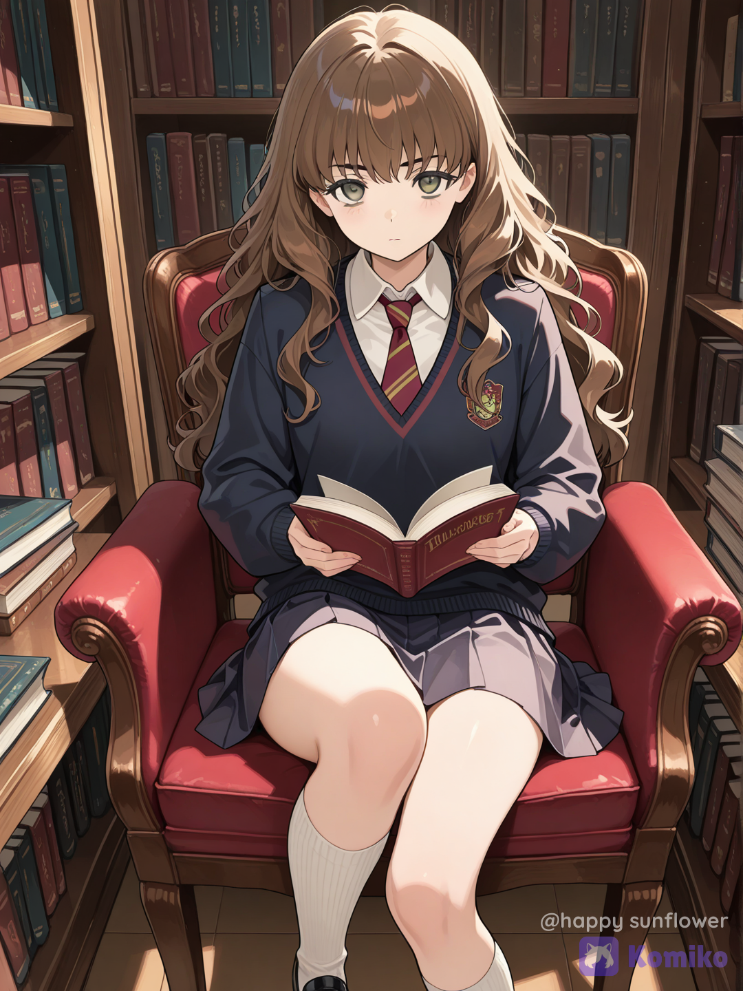 An anime version of Hermione Granger is sitting and reading a book, though I’m not sure if she’s in the library or not.