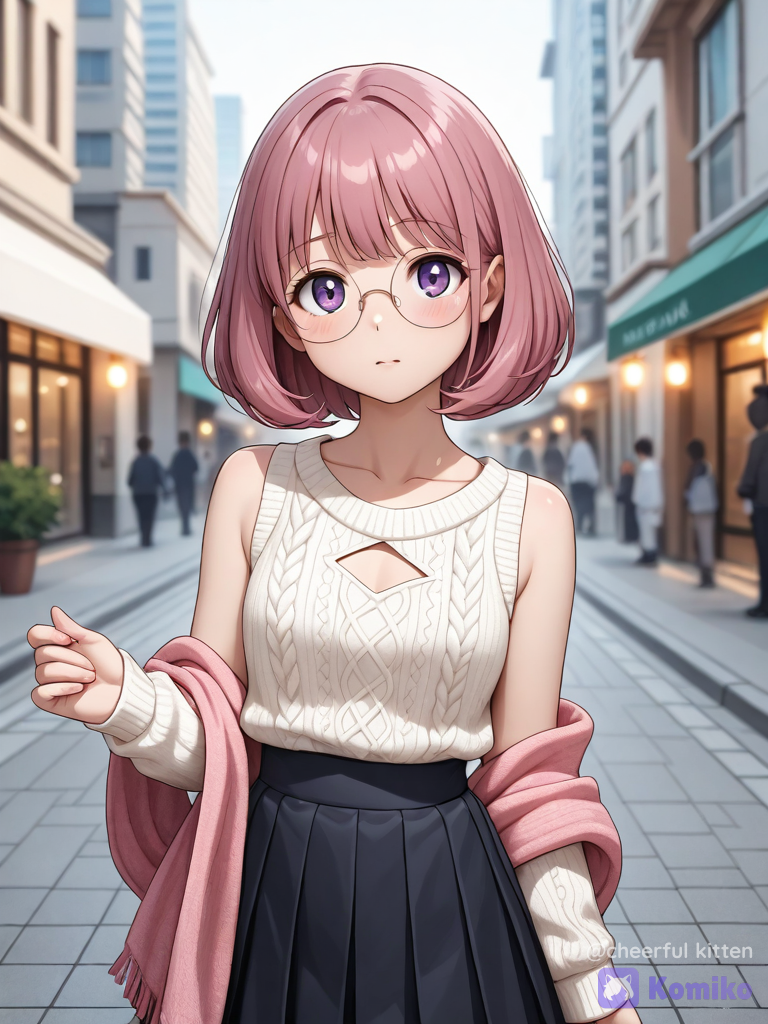A girl with pink hair and glasses strolls down the street ✨
