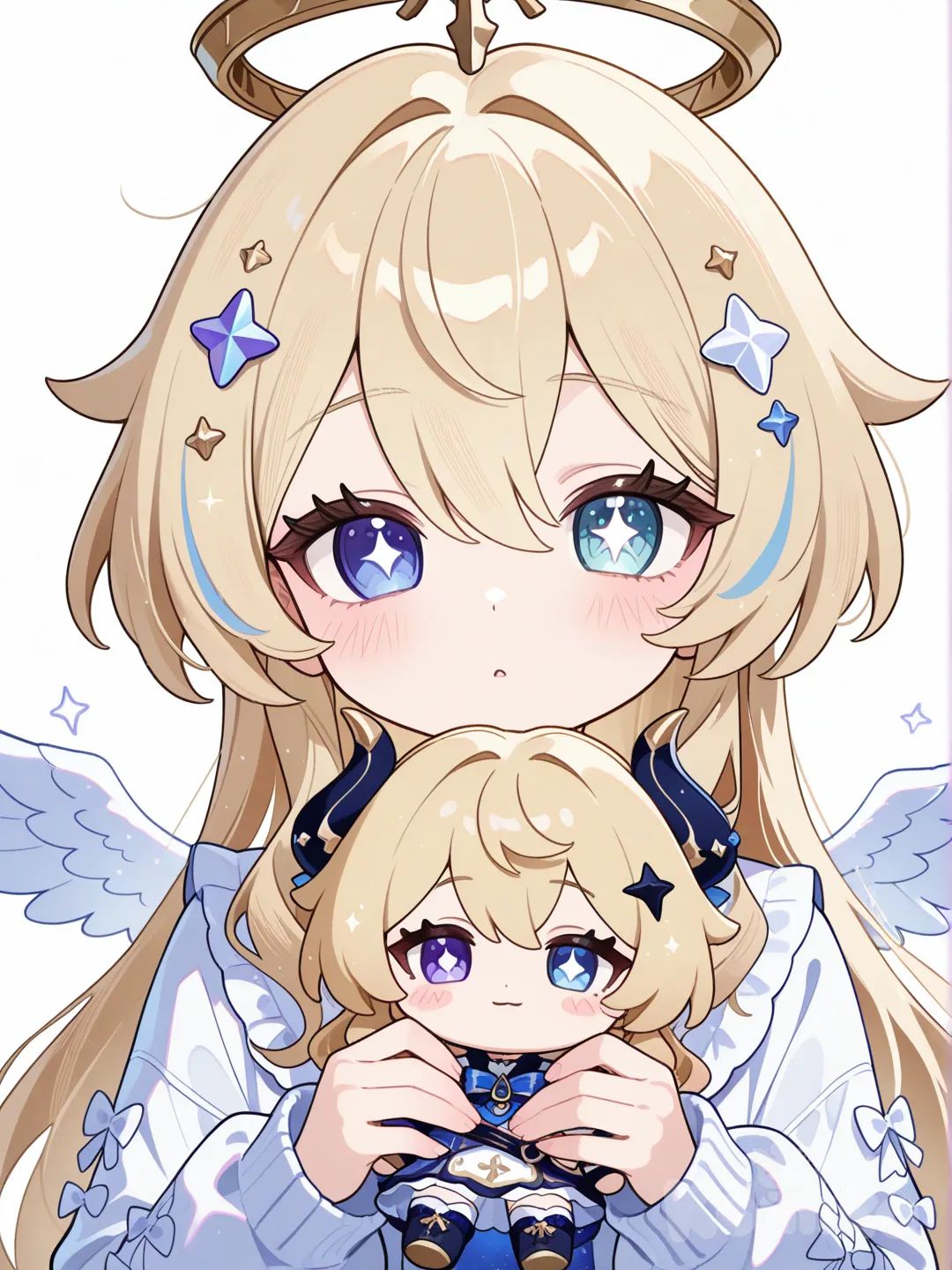 genshin impact, doll, angel and devil, star hair ornament, star-shaped pupils, mechanical halo, stuffed toy, blonde hair