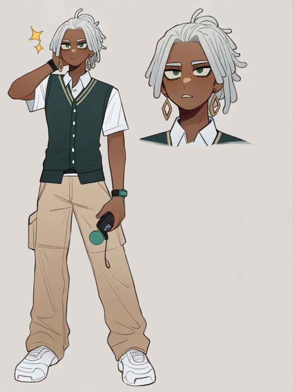[soft-shaded-moe-style] 1boy, my hero academia style, teenager, short stature, silver hair, dreadlocks, dark skin, green eyes, school vest, cargo pants, earrings, digital watch, single character, full body, looking at viewer, anime style, simple background, white background