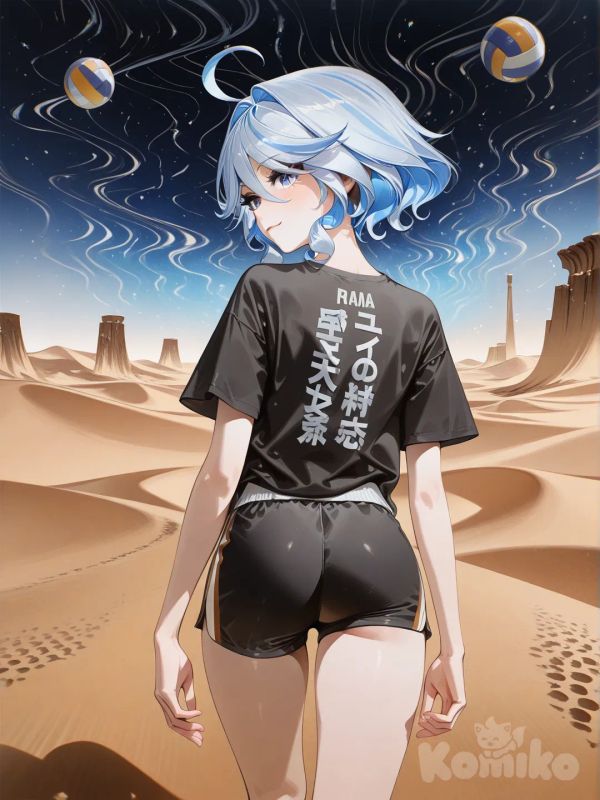 1girl, Furina (Genshin Impact), [high-gloss-illustration-style], evil smile, t-shirt, casual pants, voleyball shorts, looking at viewer, from back, cosmic background, desert, looking away, ass focus