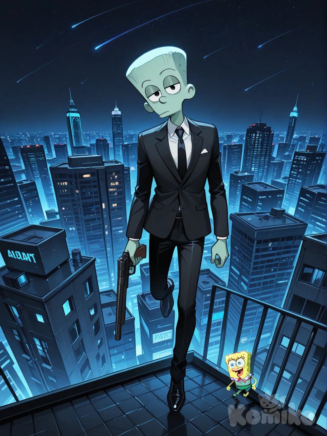 @Squidward_Tentacles, @Patrick_Star, @Spongebob_Squarepants, holding gun, head tilt, jumping from rooftop, looking back, suit, charcoal black, expressionless, cosmic background, skyscraper, neon lights, night