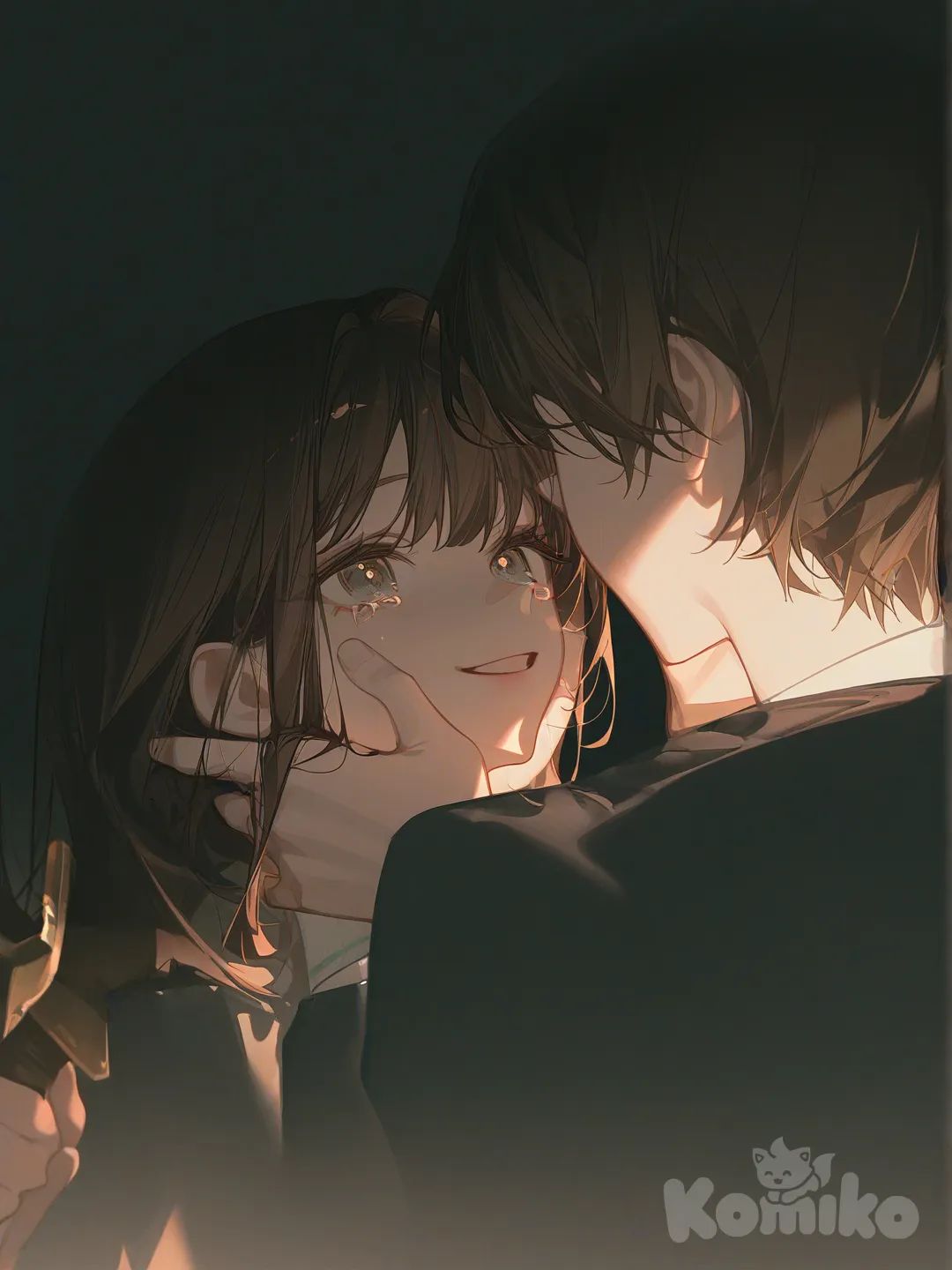 1boy, 1girl, looking away, [high-contrast-glossy-style], holding sword, hands on another's face, happy, happy tears