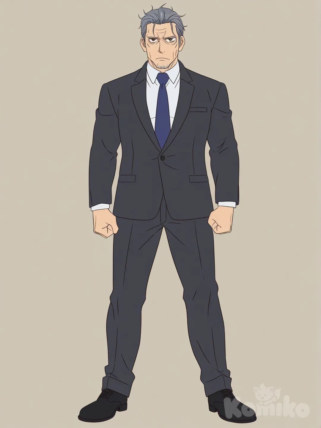 [pop-anime-style], 1boy, middle age, greying hair, short hair, business suit, fair skin, dark brown eyes, tired eyes, forehead wrinkles, serious, full body, tall, athletic