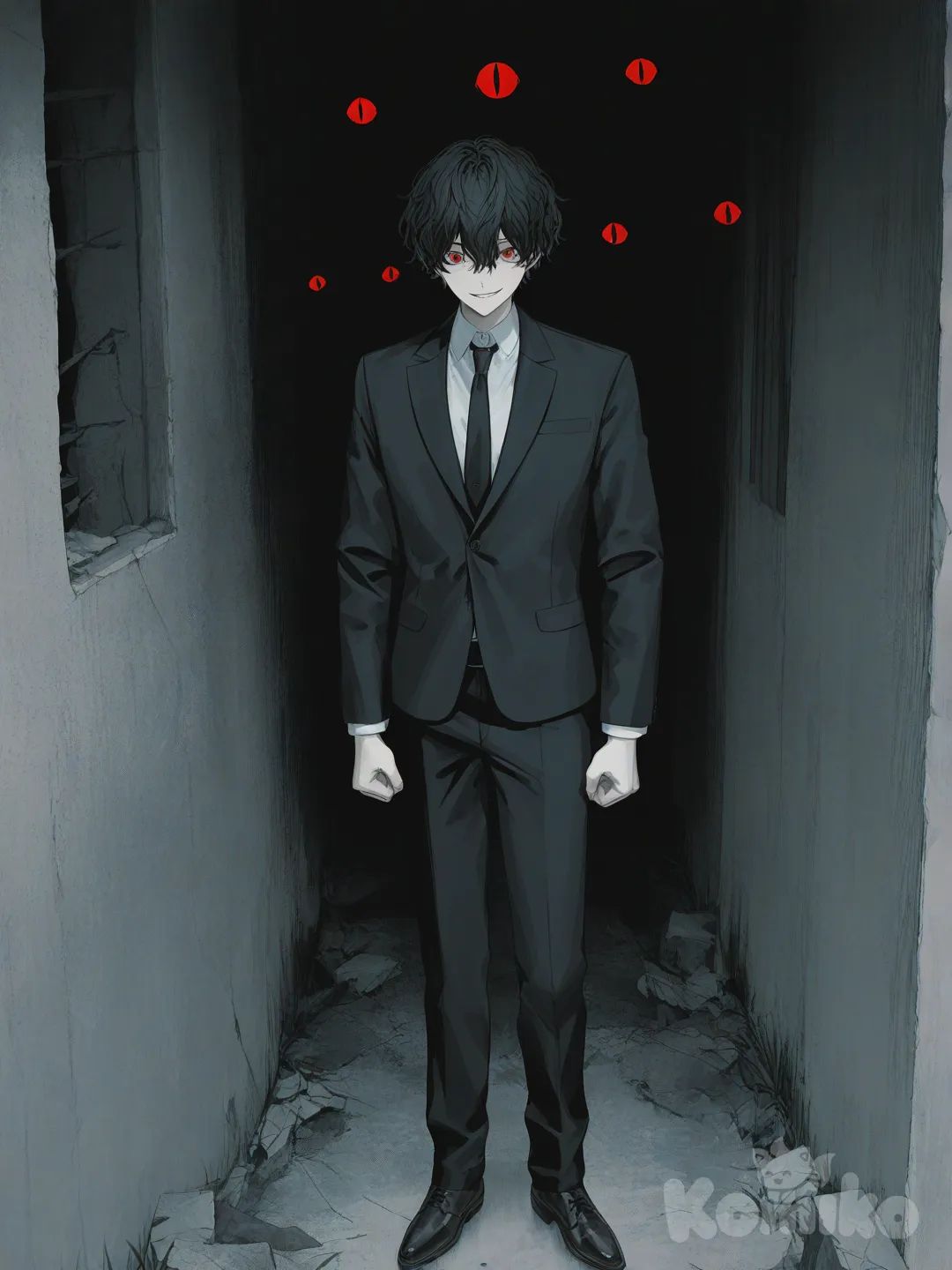 [soft-pastel-style], smirk, suit, looking at viewer, full body, ambient light, day, rainy, ruins, tall man with a lean muscular build along with an unnaturally pale skin complexion that can be easily confused as being unhealthy and sickly. He has a parted, short-length, wavy black hair, with two set of curly, wavy bangs on each side of his face in the middle, and sharp, almond-shaped eyes. His irises are a vibrant red color with black, vertical cat-like pupils along with visible cracks around the pupils.