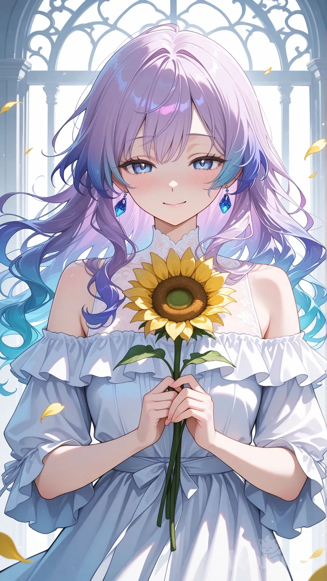 A stunning semi-realistic anime-style digital painting of a beautiful young woman with long wavy hair in a gradient of lilac purple to turquoise blue, holding a sunflower gently in her hands, smiling softly with a serene and graceful expression. Soft natural lighting, ethereal atmosphere, delicate facial features, porcelain skin, glossy lips, expressive blue eyes, subtle blush, elegant off-shoulder white ruffled dress, crystal jewelry with blue gemstones, flower petals floating around, highly ultra HD, cinematic lighting, gentle breeze, fantasy aesthetic, quality.