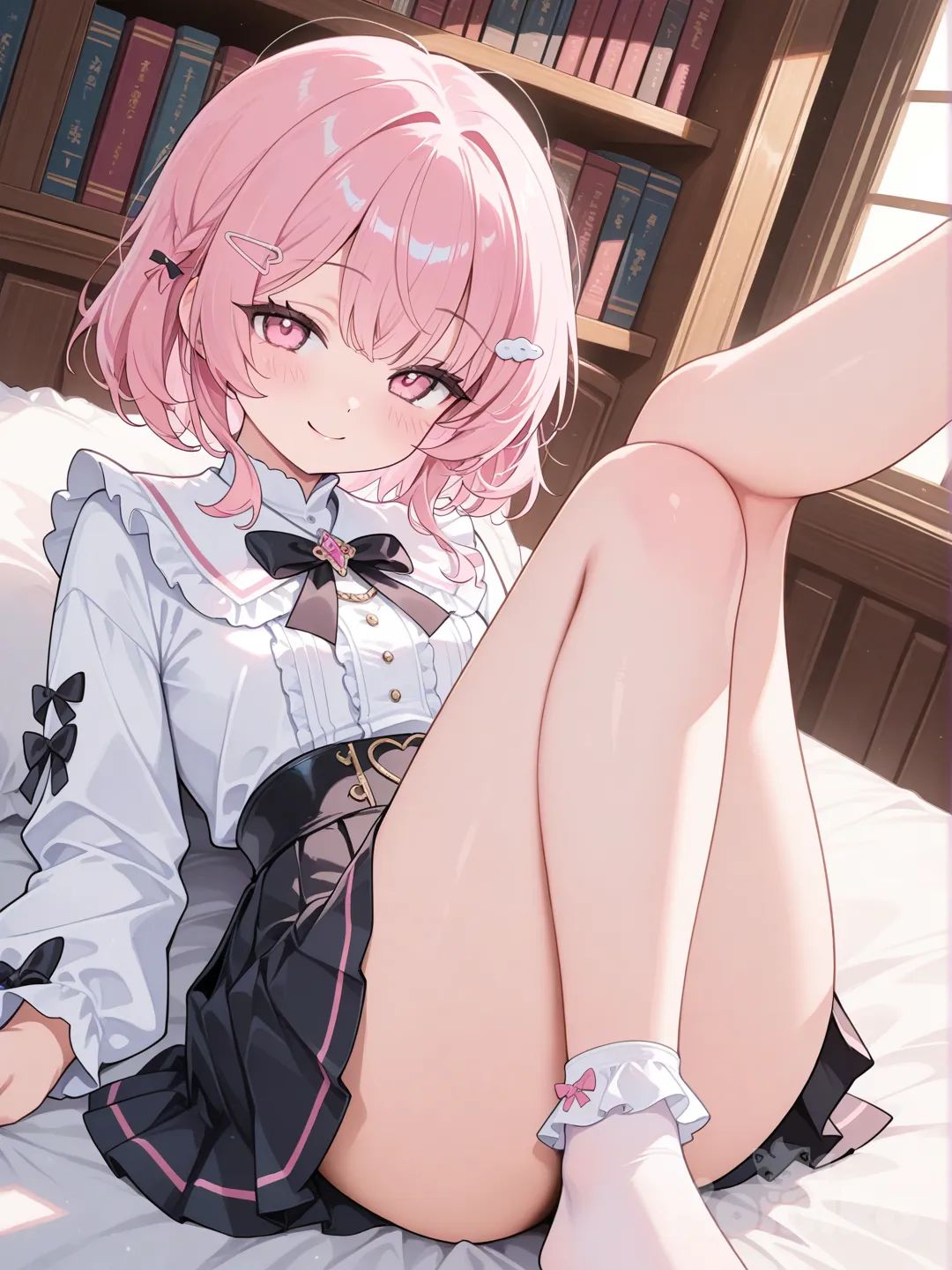 girl,pink hair,pink eyes, smile, lying on the bed, pleated skirt, ruffles, hairpin, closeup, ambient light, library，white stockings，feet, leg up, [glossy-anime-style]