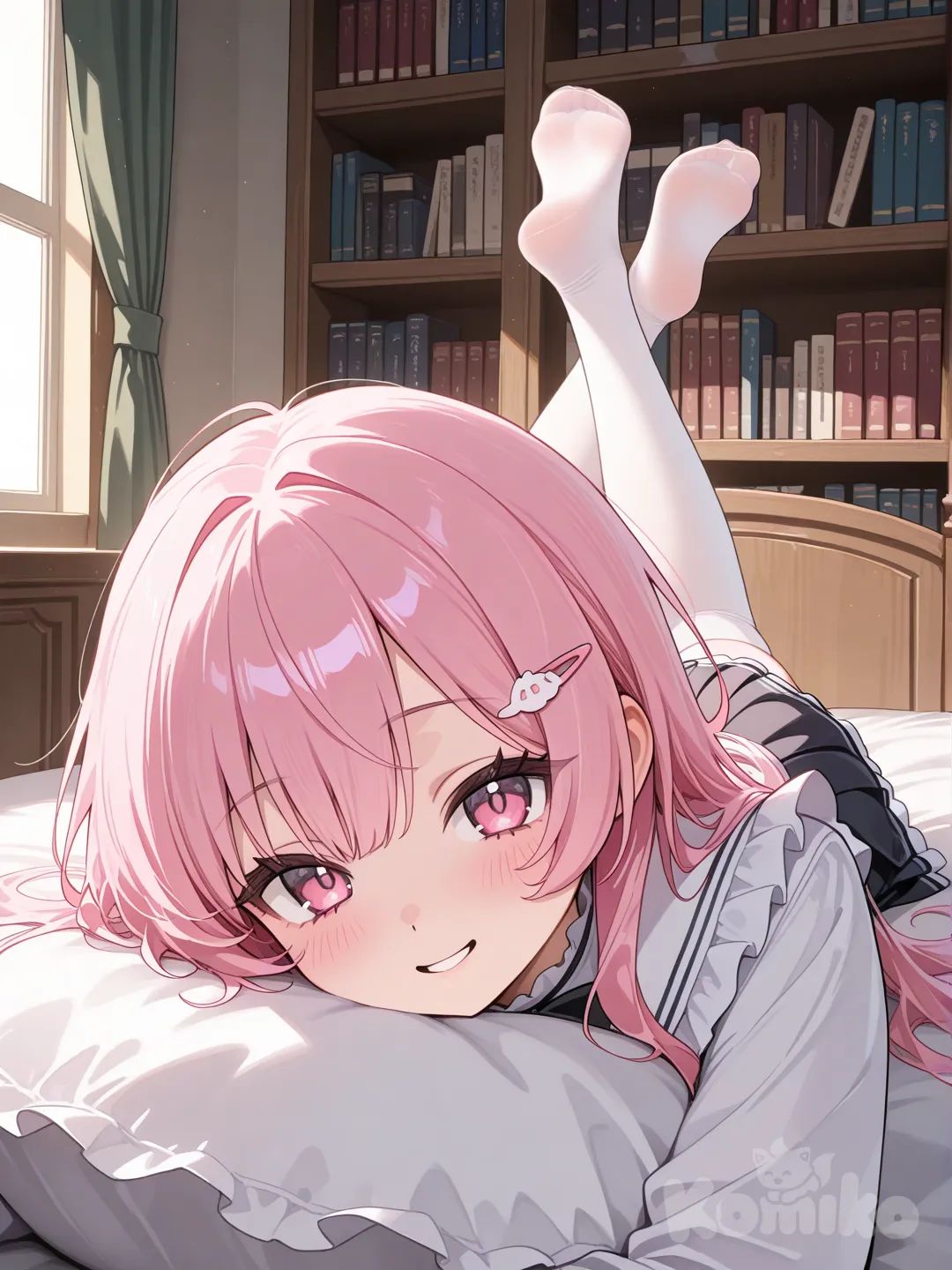 girl,pink hair,pink eyes, smile, lying on the bed, pleated skirt, ruffles, hairpin, closeup, ambient light, library，white stockings，feet, leg up, [glossy-anime-style]