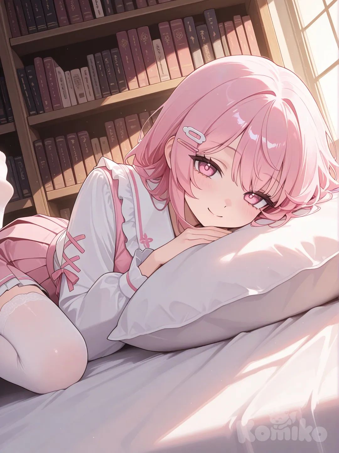 girl,pink hair,pink eyes, smile, lying on the bed, pleated skirt, ruffles, hairpin, closeup, ambient light, library，white stockings，feet, leg up, [glossy-anime-style]