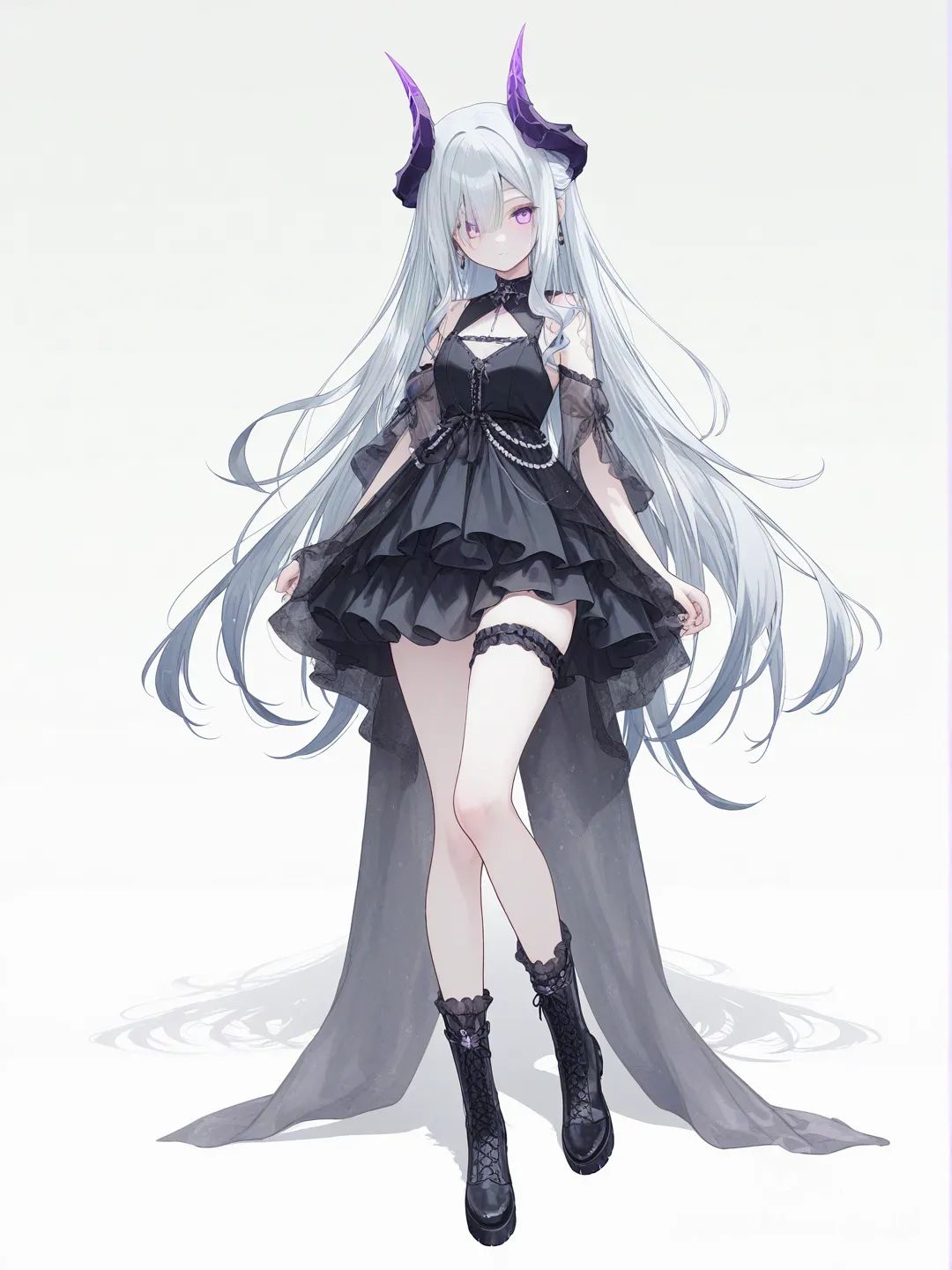 [soft-pastel-style] 1girl, genshin_impact, demon_horns, purple_glowing_eyes, fair_skin, silver_hair, long_hair, lace, pearls, confident_smile, teenager, little_black_dress, tall, curvy, single character, full body, looking at viewer, anime style, simple background, white background