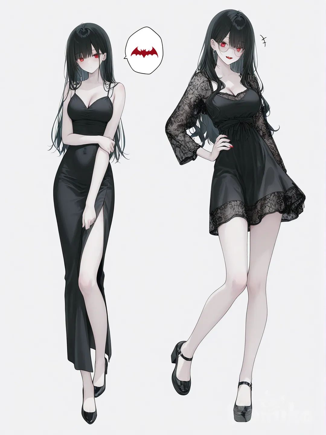 [soft-pastel-style] 1girl, american comic style, digital color comicbook style, marvel style, superhuman, original character, vampire, teenager, mature female, curvy, slim, black hair, long hair, red eyes, pale skin, evening dress, lace, single character, full body, looking at viewer, simple background, white background