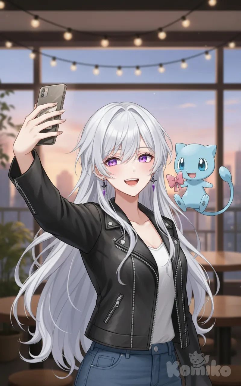 <crestoria-MmII> with mew (reference) , smile, selfie, closeup, portrait, upper body, twilight, cafe, leather jacket, jeans, bow