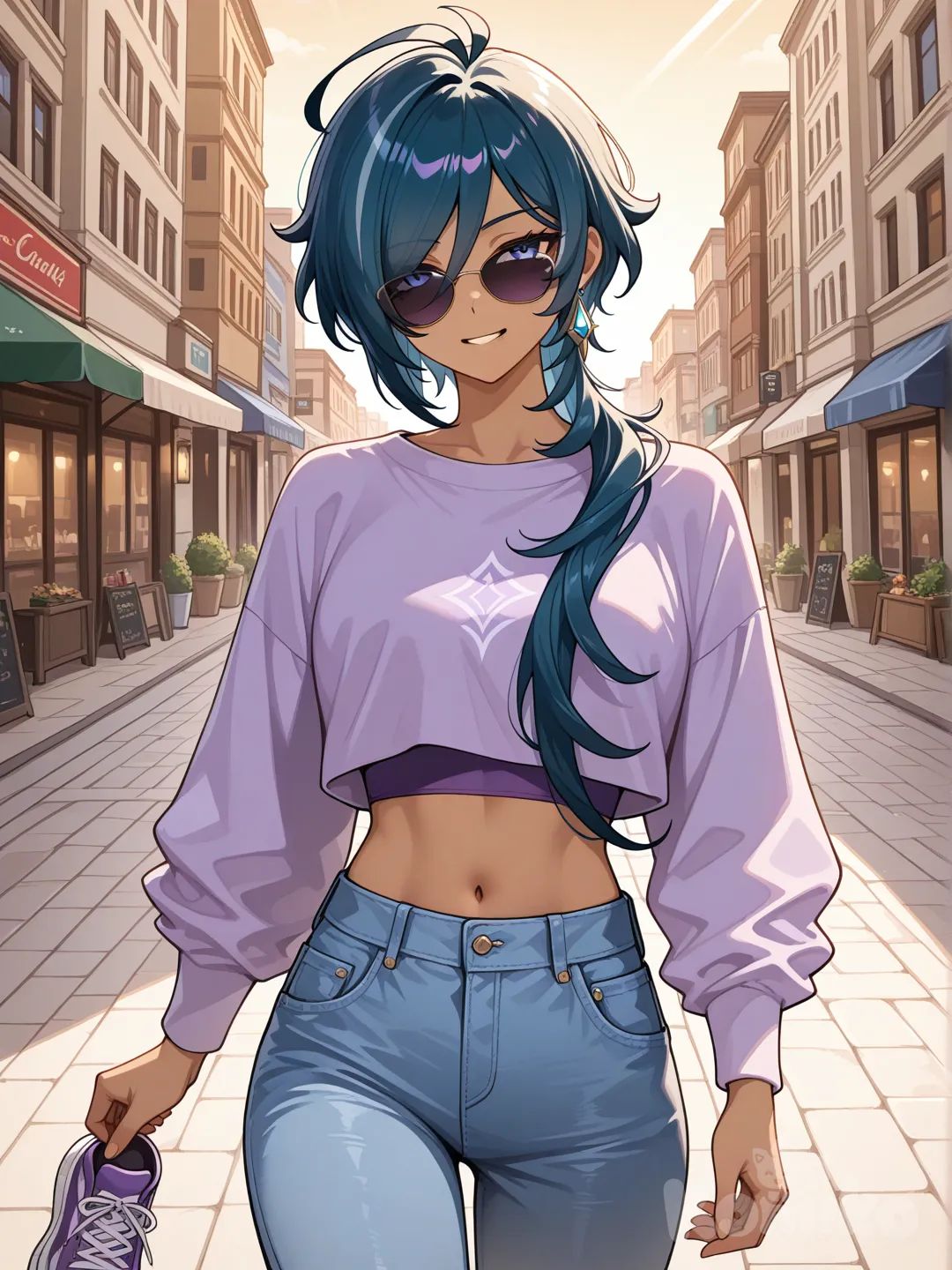 @Kaeya_(Genshin_Impact) as a woman (big cool sister)

 #looking at viewer #front view # upper body (Focus on the upper body, from the waist up.)

#cool post #funny

, A thin violet crop top., jeans, running shoes, sun glasses

relax , Taking a stroll, walking on a sidewalk , on a sunnyday , in the shopping sreet in capital city., look like a leader and cool women , cold eyes
Evening sunlight