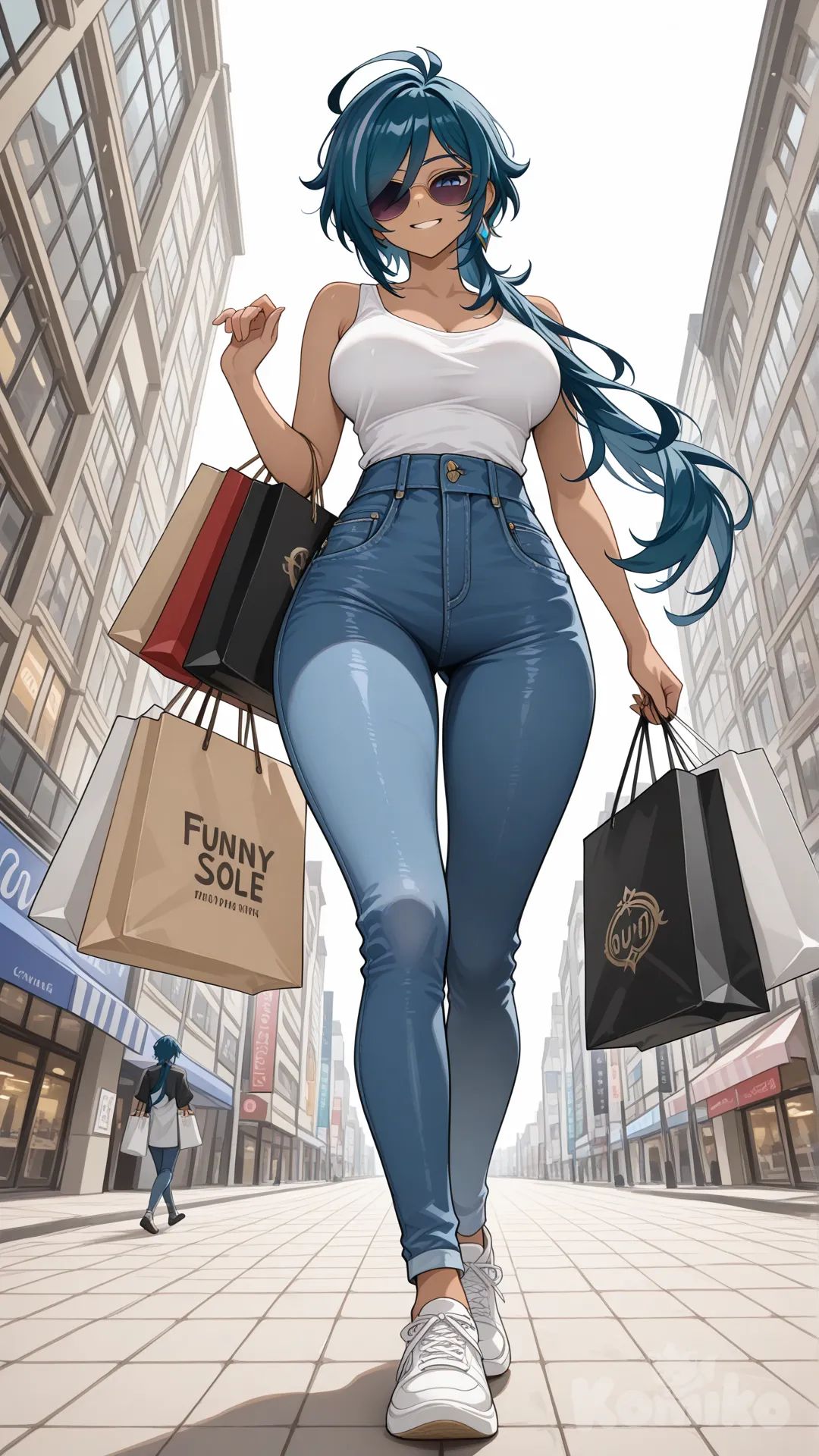 @Kaeya_(Genshin_Impact) #big sister style , Very good figure , longhair

#big sister style , Very good figure , 

#side view 

 # upper body (Focus on the upper body, from the waist up.)

#looking at viewer #full body#, up view , #full body ,from above , day , funny , relaxed, anime style , 

#cool post

, white Thin tank top, jeans, running shoes, sun glasses

relax , Taking a stroll, walking on a sidewalk , on a midnight sunnyday , in the shopping mall , brand name clothes stole , carrying a bag full of a brand name clothes in her hands.