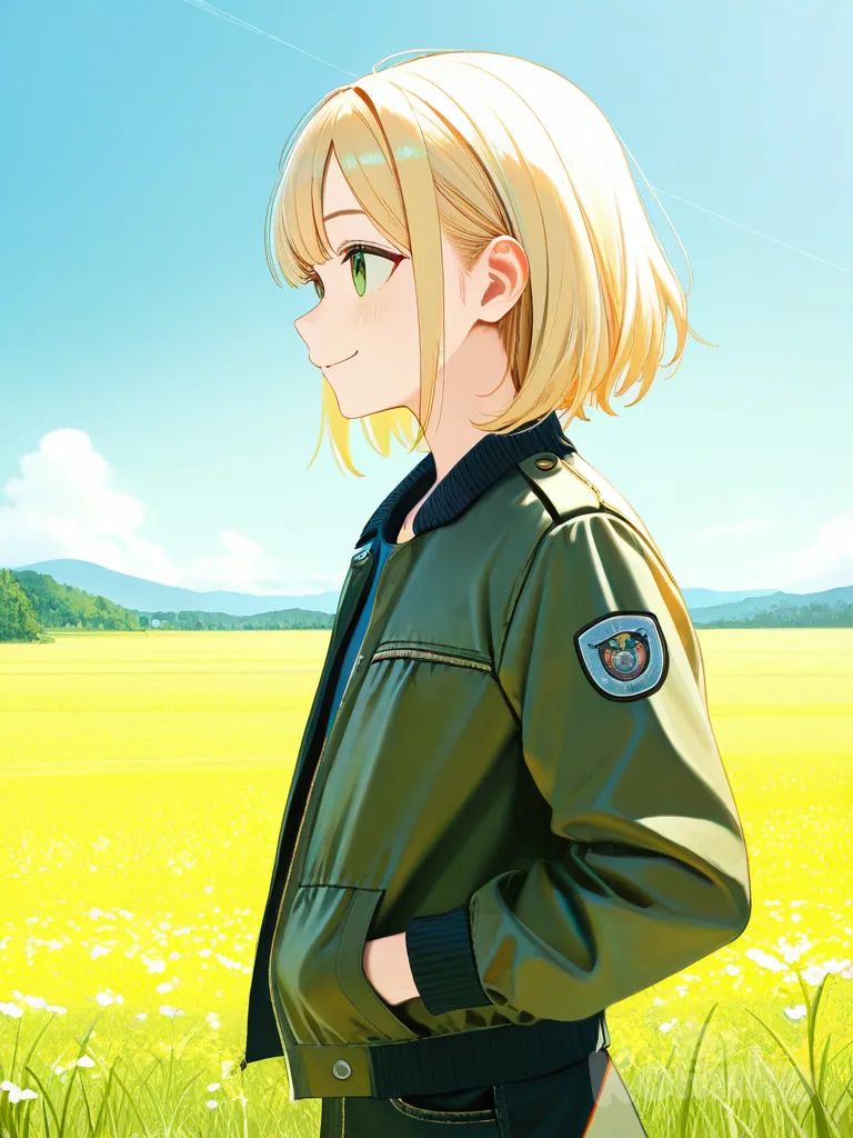 1girl, long blonde hair, olive green eyes, smile, looking away, khaki leather jacket, pencil skirt, upper body, grassland, blue sky