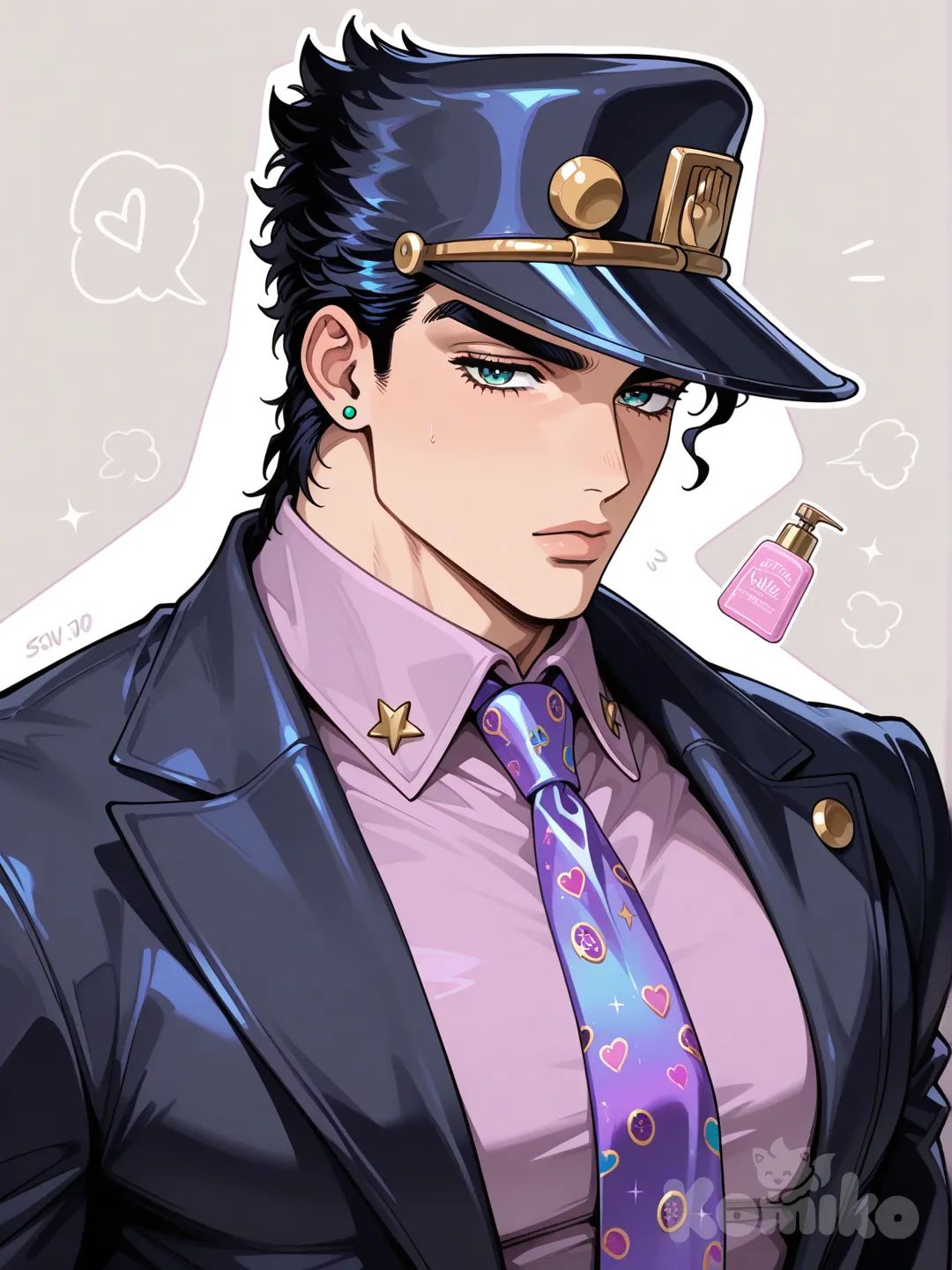 kujo jotaro, [glossy-anime-style], spray perfume, suit, upper body