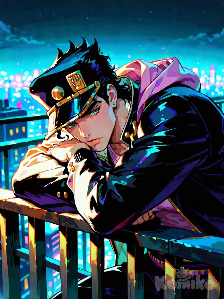 kujo jotaro, vibrant atmosphere, vibrant color, highlight, leaning on object, hoodie, night, background,1man