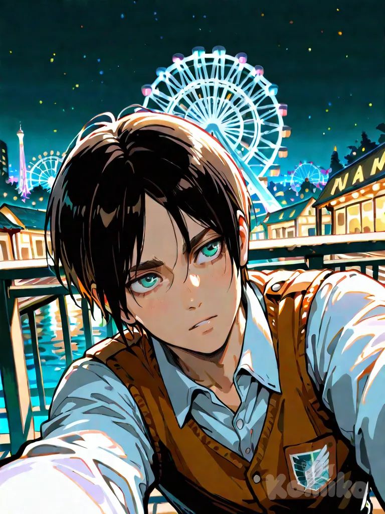 eren yeager, shingeki no kyojin, vibrant atmosphere, vibrant color, highlight, selfie, vest, night, ferris wheel, background, 1man
